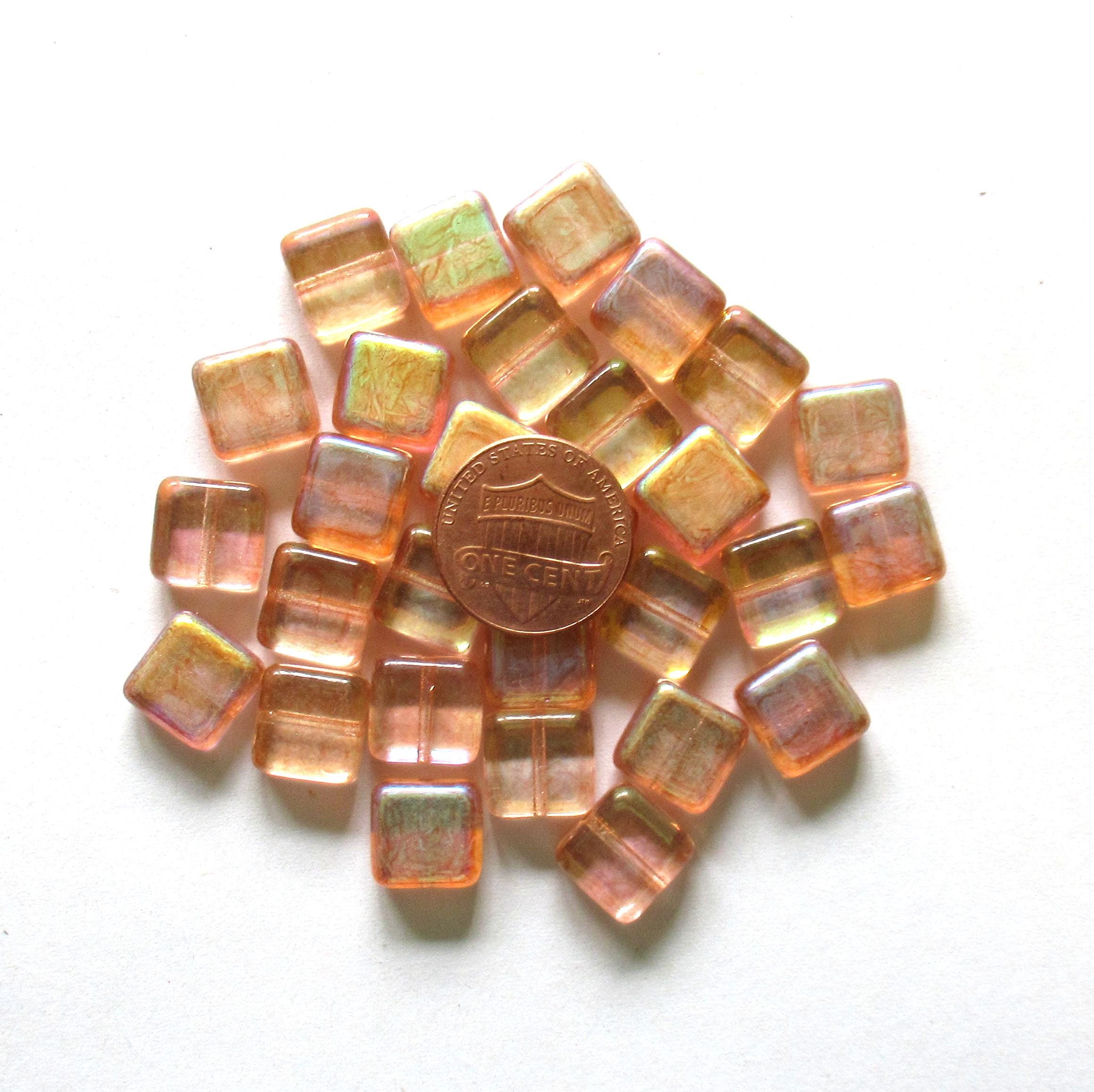 Ten large square Czech glass beads - 11mm - light orange or peach w/ an iridescent ab finish - C001