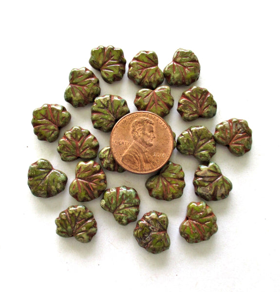 15 large Czech glass maple leaf beads - opaque green picasso beads - 10 x 13mm -earthy rustic leaves - C00002