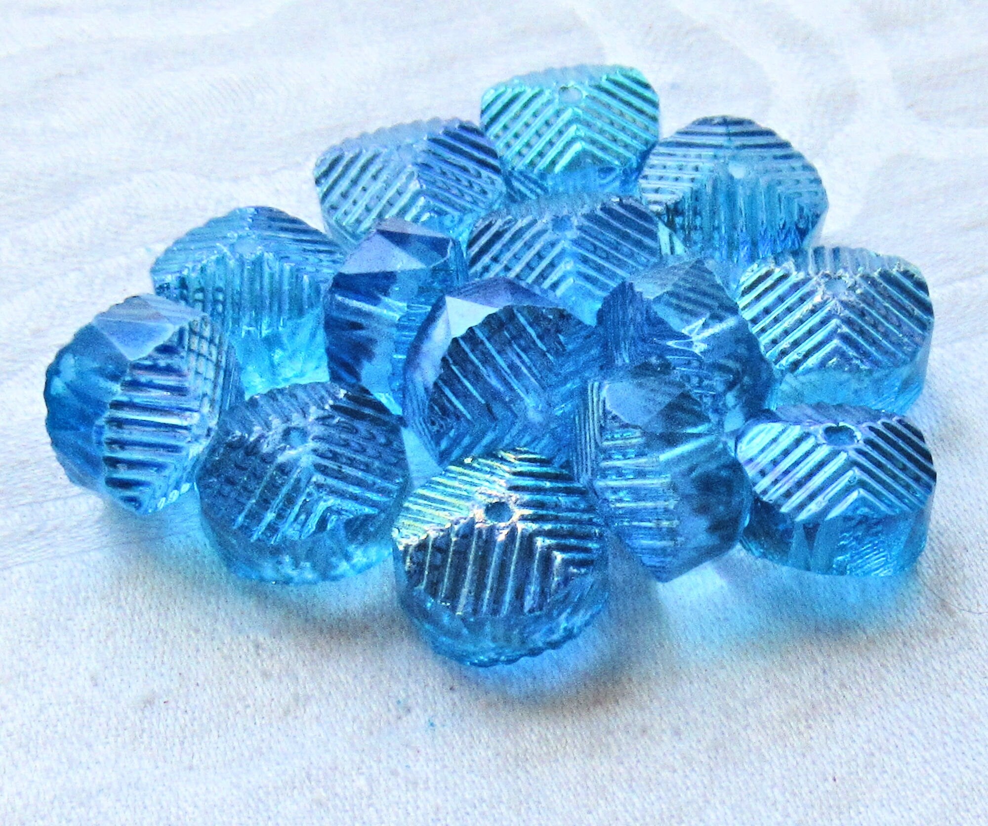 Six Czech glass faceted wavy rondelle beads - large 14 x 6mm aqua blue AB chunky rondelles - C38101