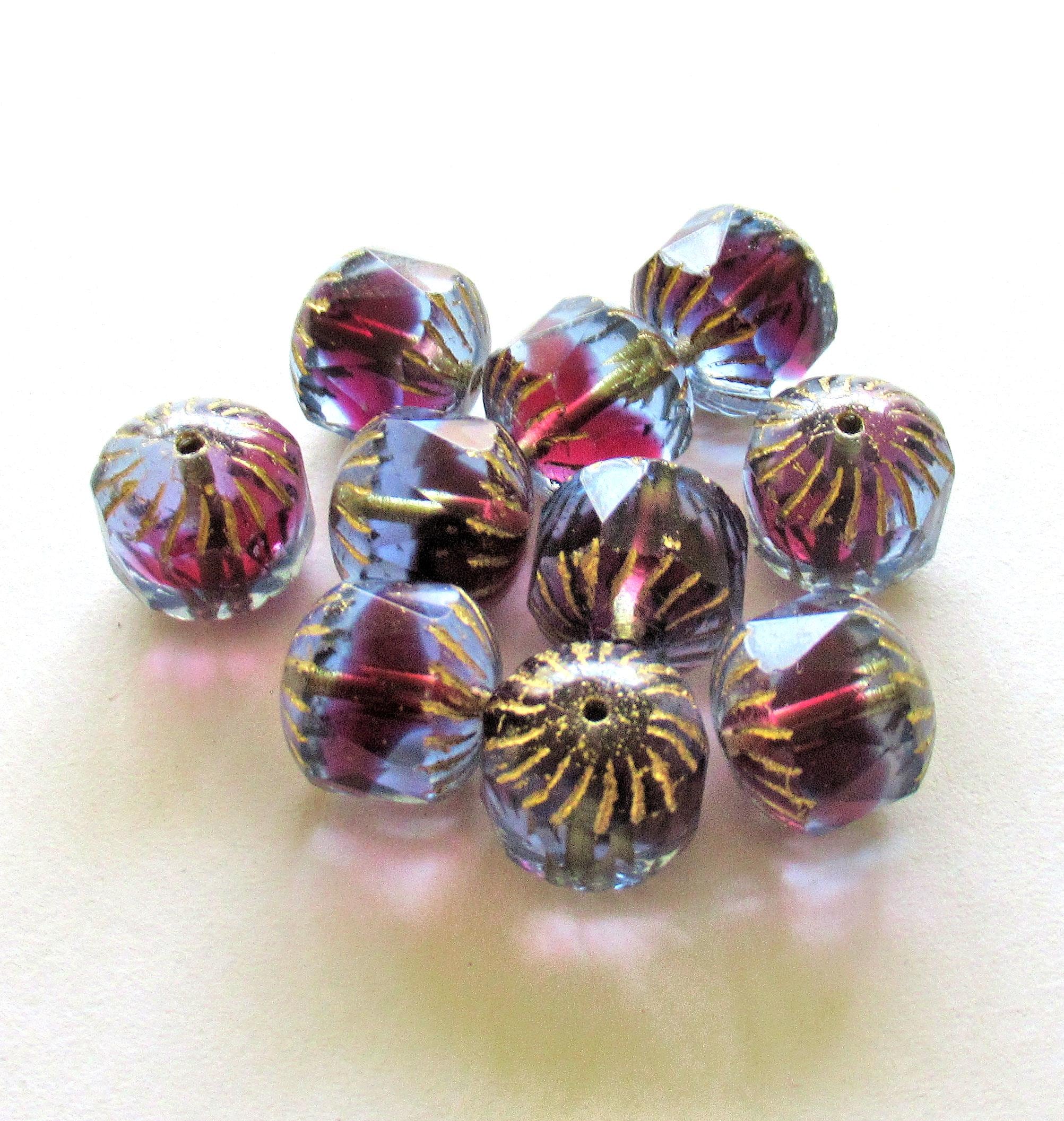 Ten large Czech glass center faceted cruller beads - 10mm - light sapphire blue & deep pink fuchsia cathedral beads w/ gold accents - 00084