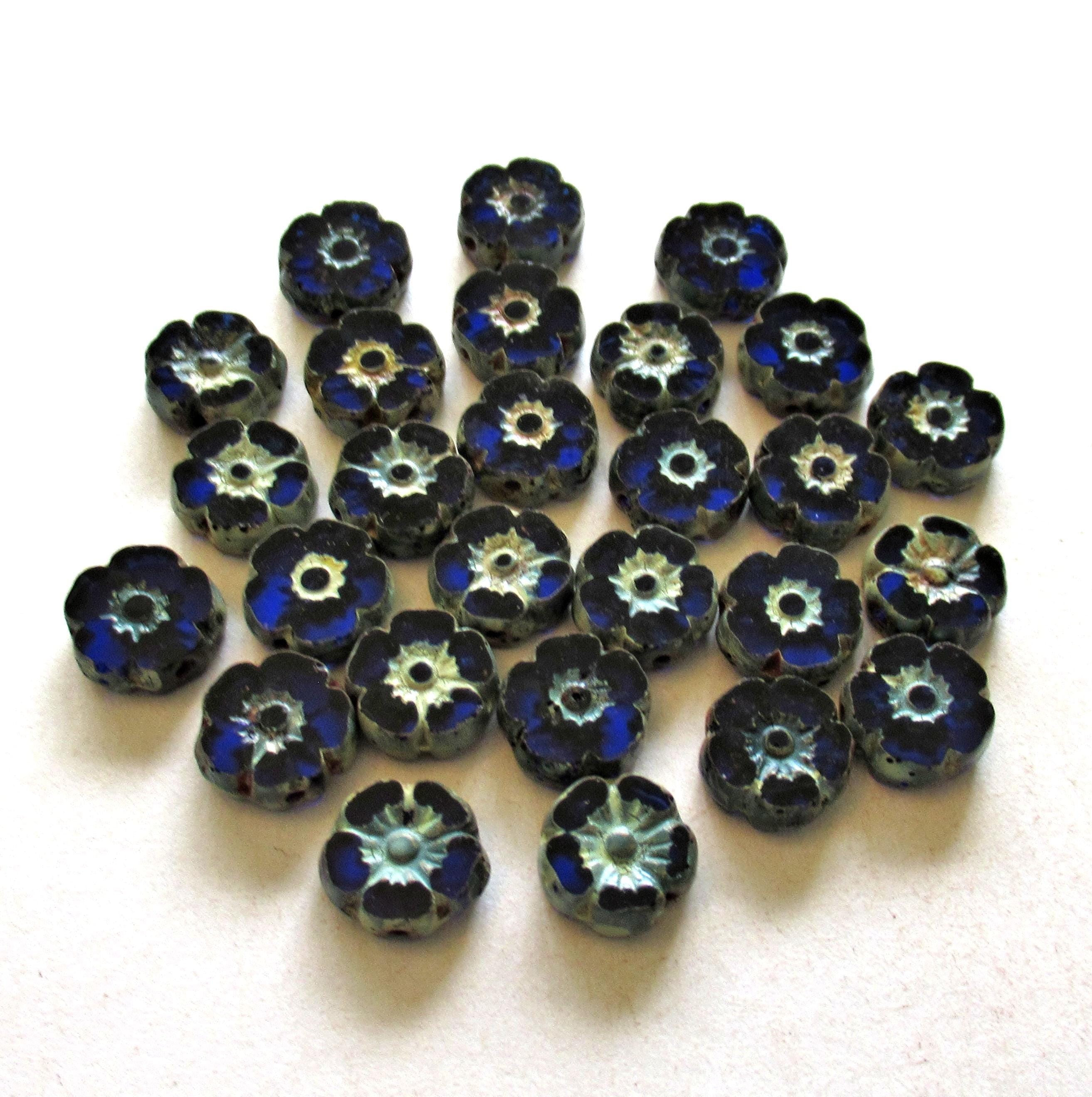 Ten Czech glass flower beads - 10mm transparent cobalt blue picasso Hawaiian hibiscus flowers - table cut carved floral - C00101