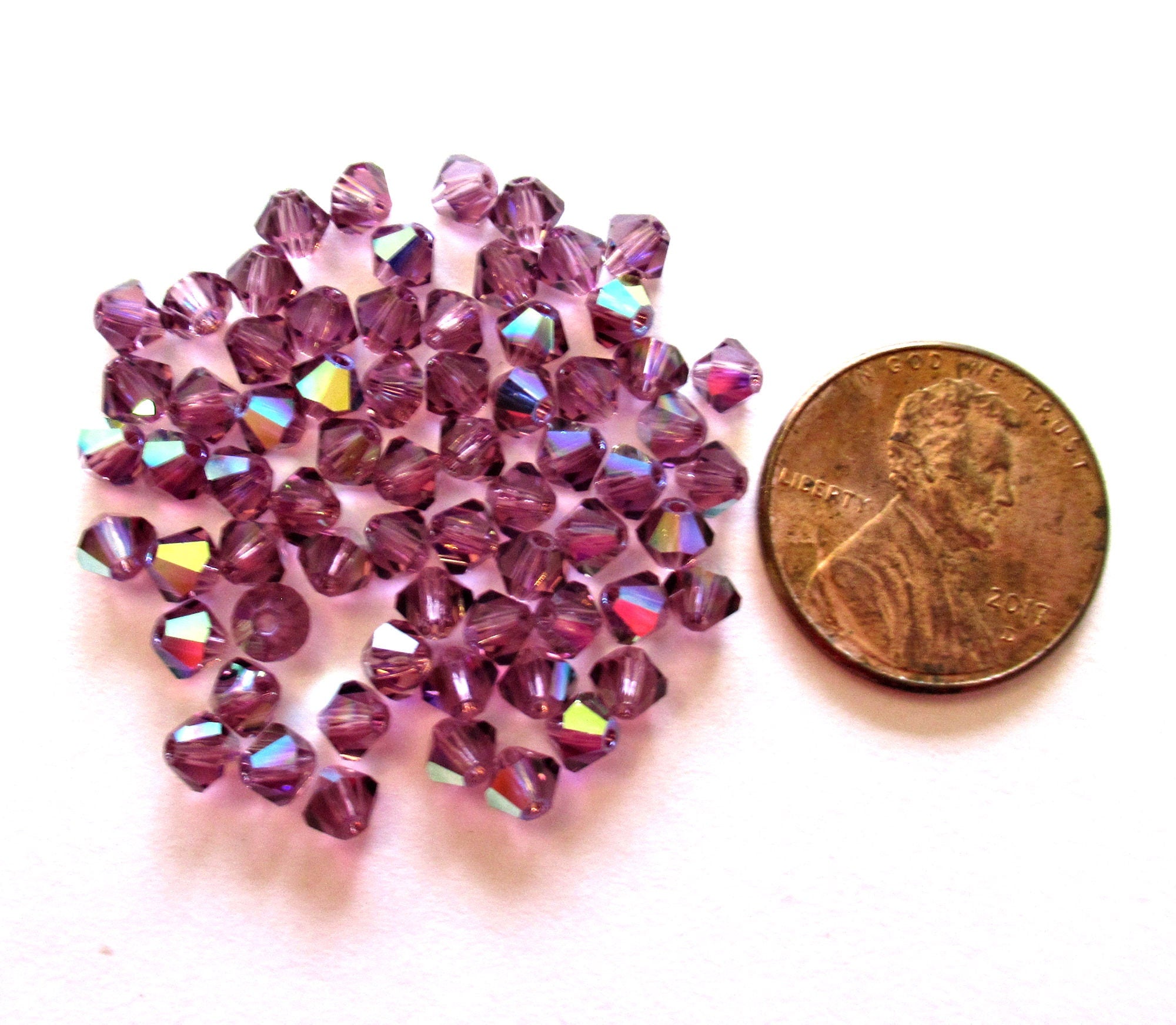 Lot of 24 4mm Amethyst AB Czech Preciosa Crystal bicone beads - faceted glass purple AB bicones C0036
