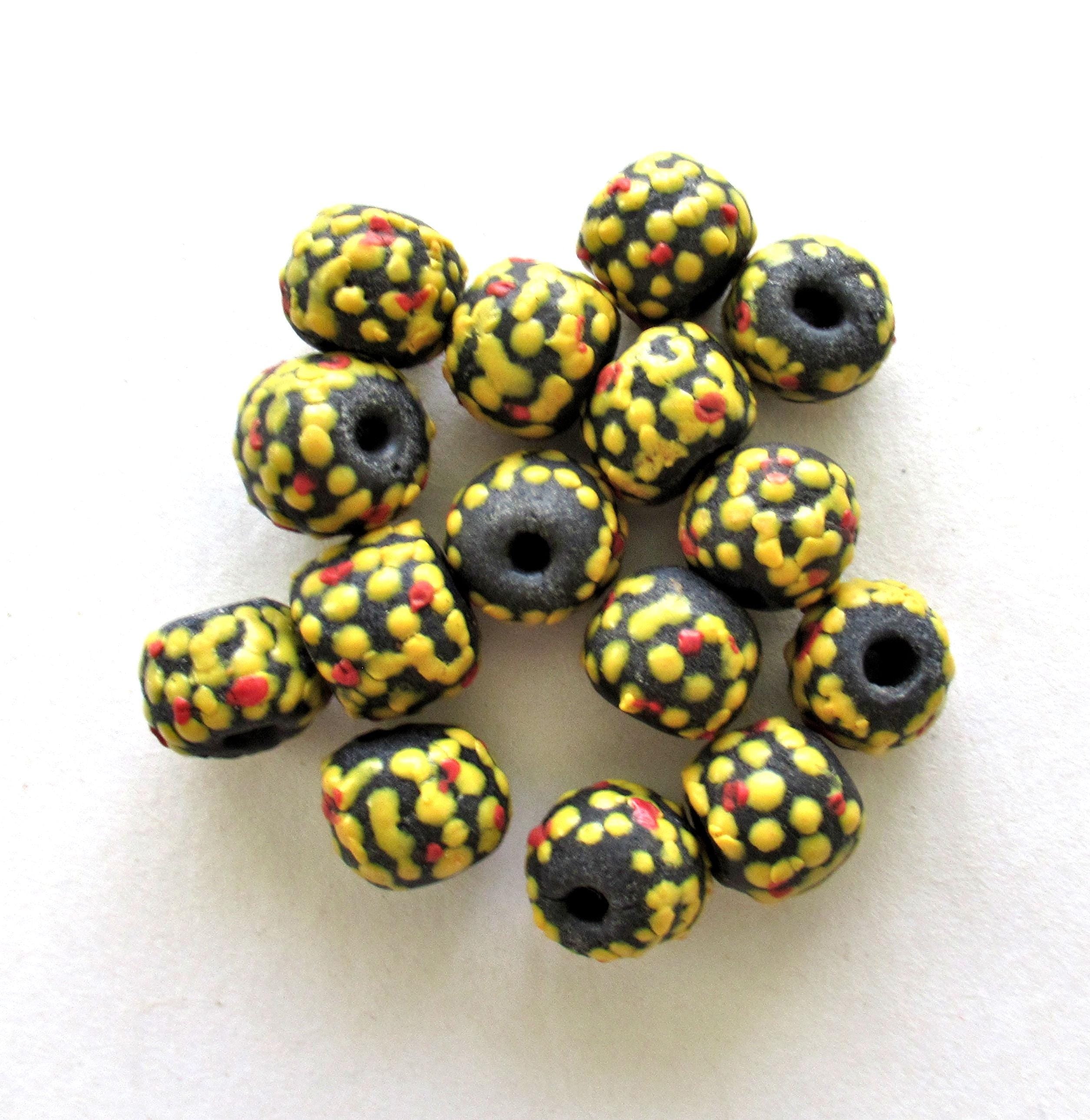 African Ghana Krobo glass rondelle beads - brown w/ orange & red dots - 11 to 12mm by 9 to 10mm - big hole rustic beads - 8 beads - C00611