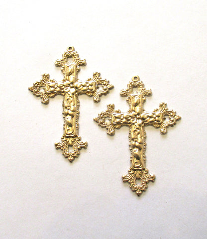 2 raw brass cross stampings - ornate Victorian crosses - pendants - charms - earrings - 2.25" x 1.75" - made in the USA C00001