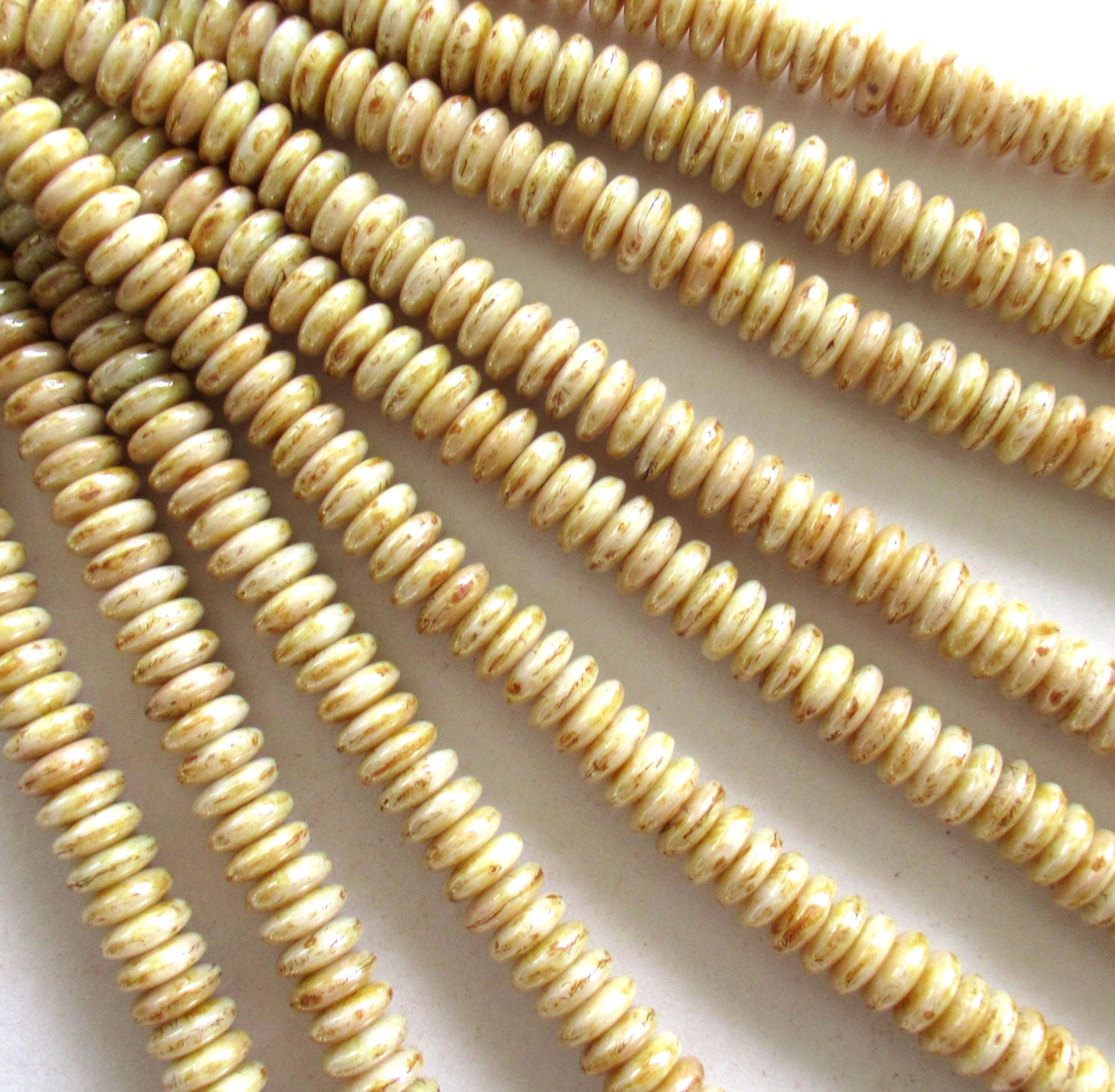 50 6mm Czech glass rondelle spacer beads - opaque off white luster with a picasso finish - flat spacers or rondelles - C0066