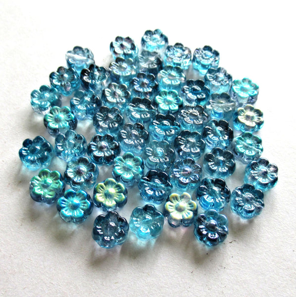 25 6mm small Czech glass flower beads - transparent blue mix with an ab finish - pressed glass floral beads - C0068