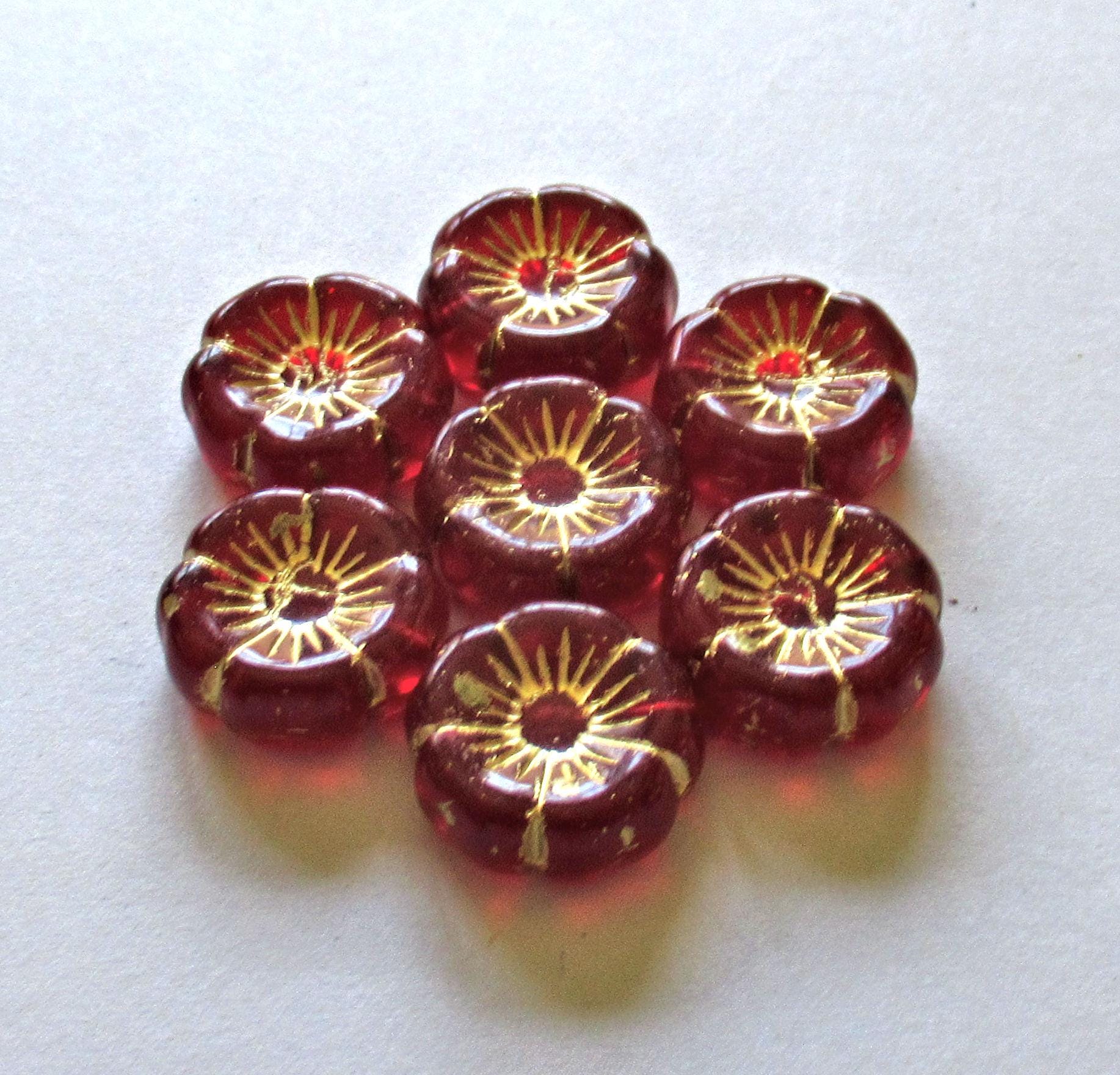 Six Czech glass flower beads - 16mm - light garnet ruby red w/ gold wash16mm - Hawaiian hibiscus floral beads - C00491