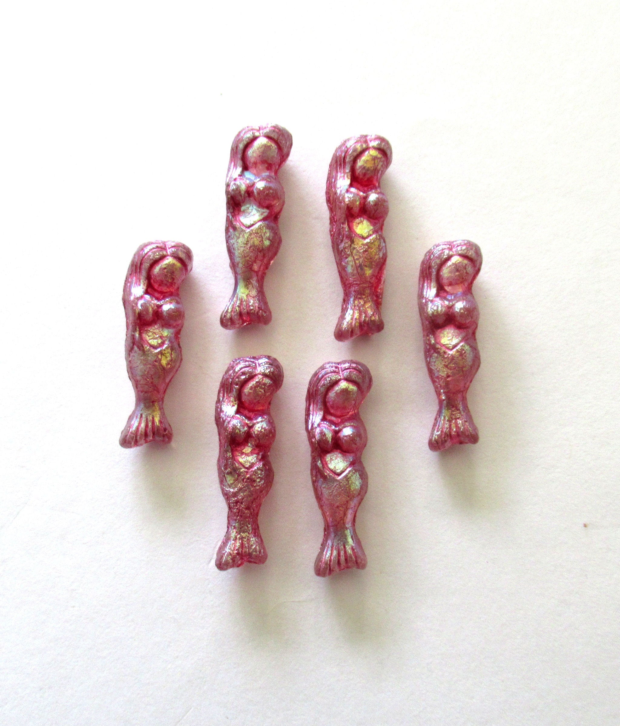 6 Czech glass mermaid or goddess beads - 25 x 5mm clear beads with a pink ab wash - C00442