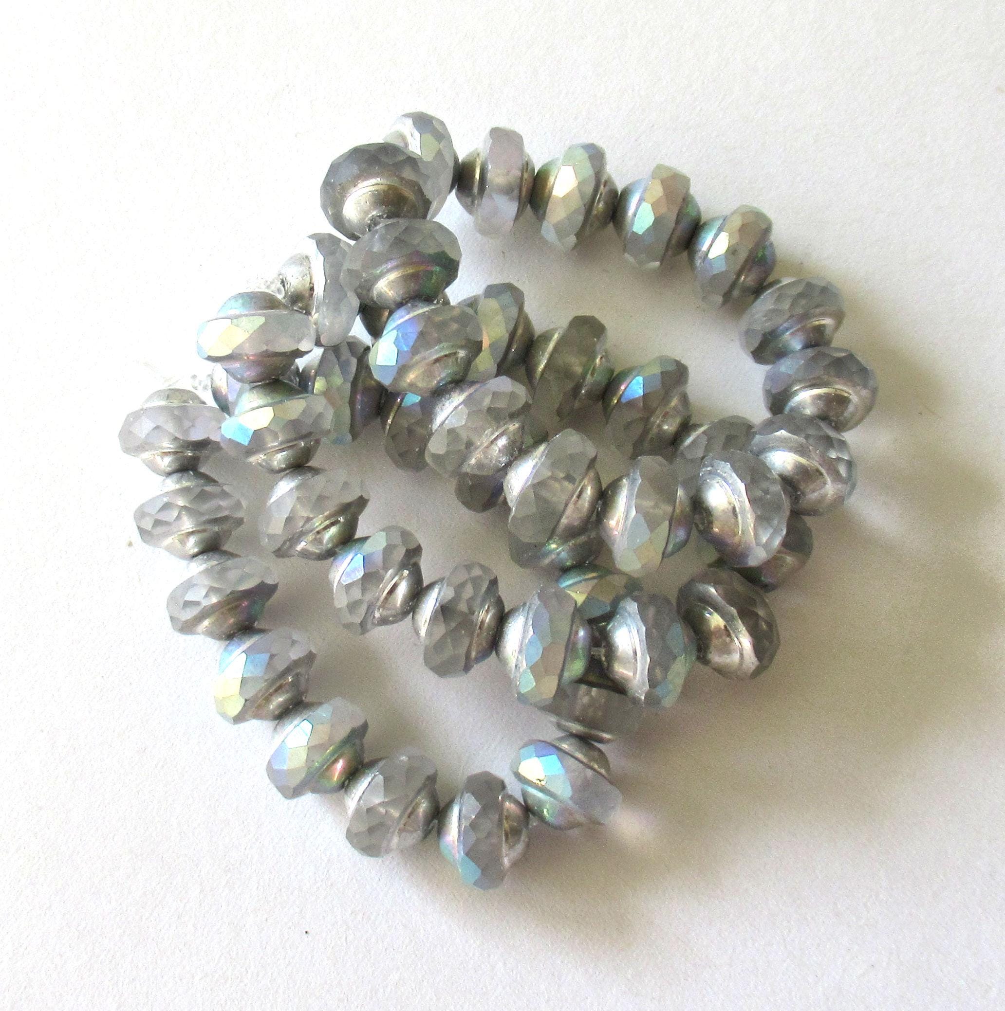 15 Czech glass mini gray saturn or saucer beads - crystal clear w/ silver and ab accents - 6 x 8mm - C00522