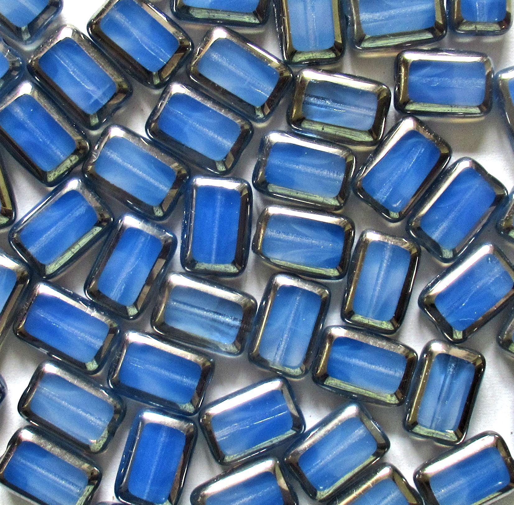 Ten Czech glass rectangle beads - 8 x 12mm - translucent blue opal w/ a silver picasso finish along the edges - C00631