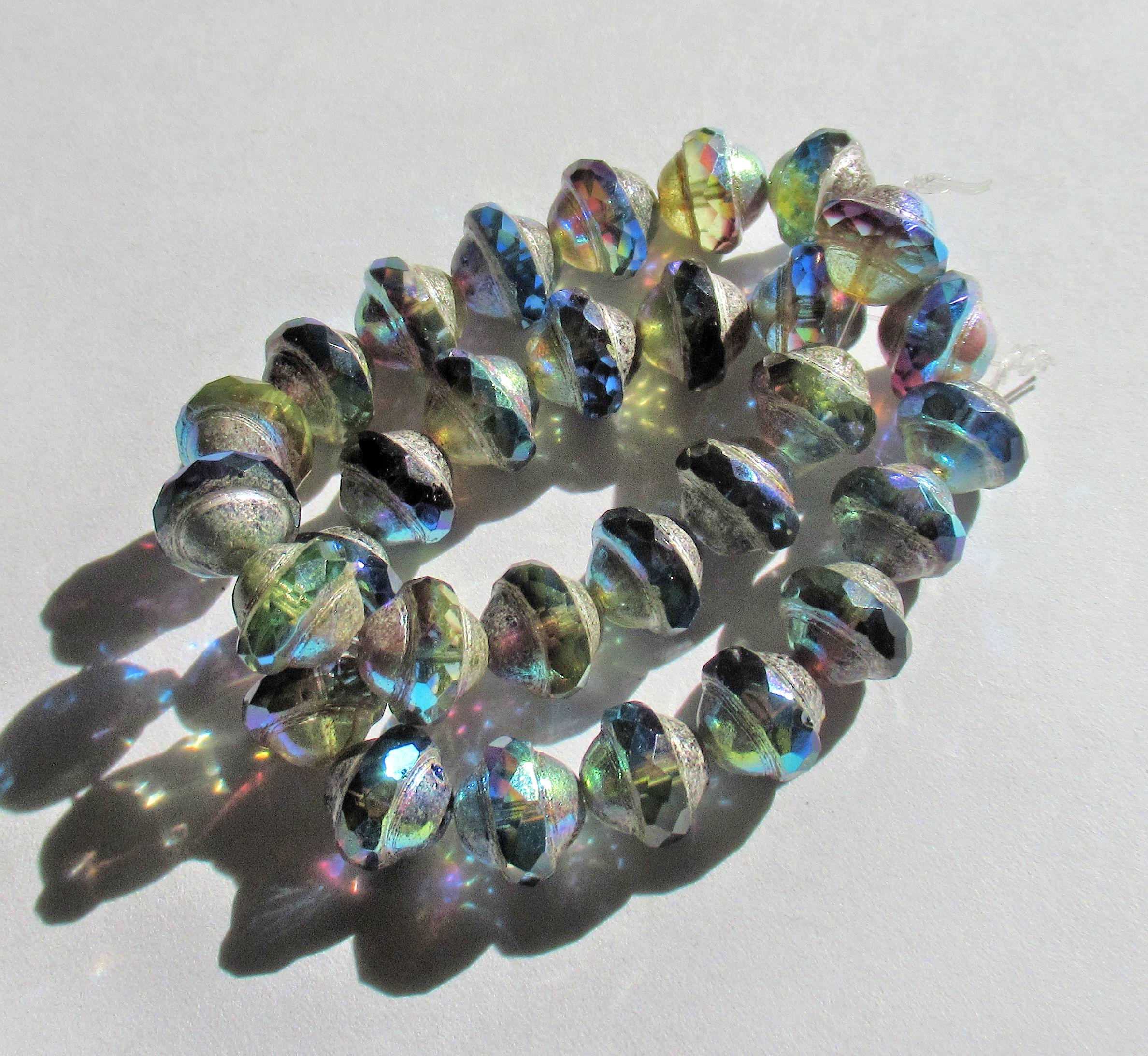 15 Czech glass saturn / saucer beads - 8 x 10mm blue & purple / amethyst ab color mix with a silver ab picasso accents - C00573