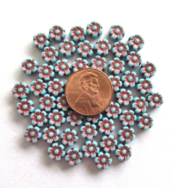 25 small Czech glass flower beads - 6mm opaque turquoise blue beads with a metallic purple bronze wash - pressed glass floral beads - C0068