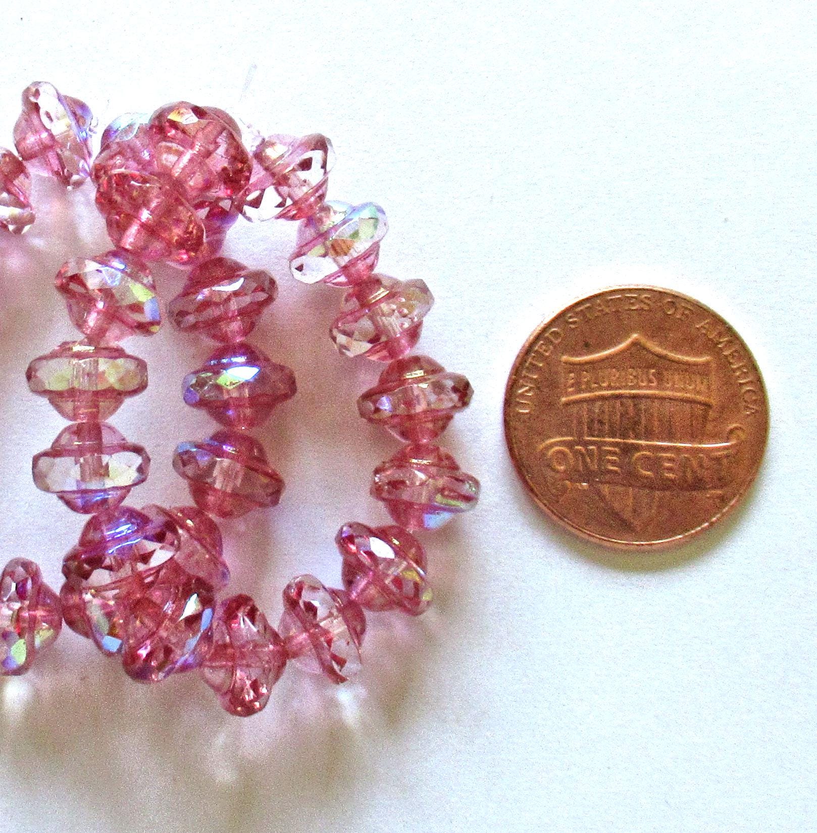 15 Czech glass mini saturn beads - 6 x 8mm - crystal clear with pink, AB & bronze finishes - faceted saucer beads - C00842