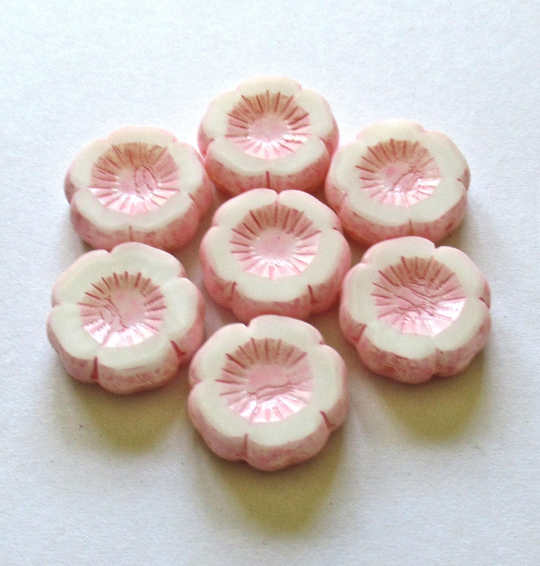Five large Czech glass flower beads - 16mm - white with a pink wash - Vaseline glass - table cut & carved Hawaiian flower beads - C00522