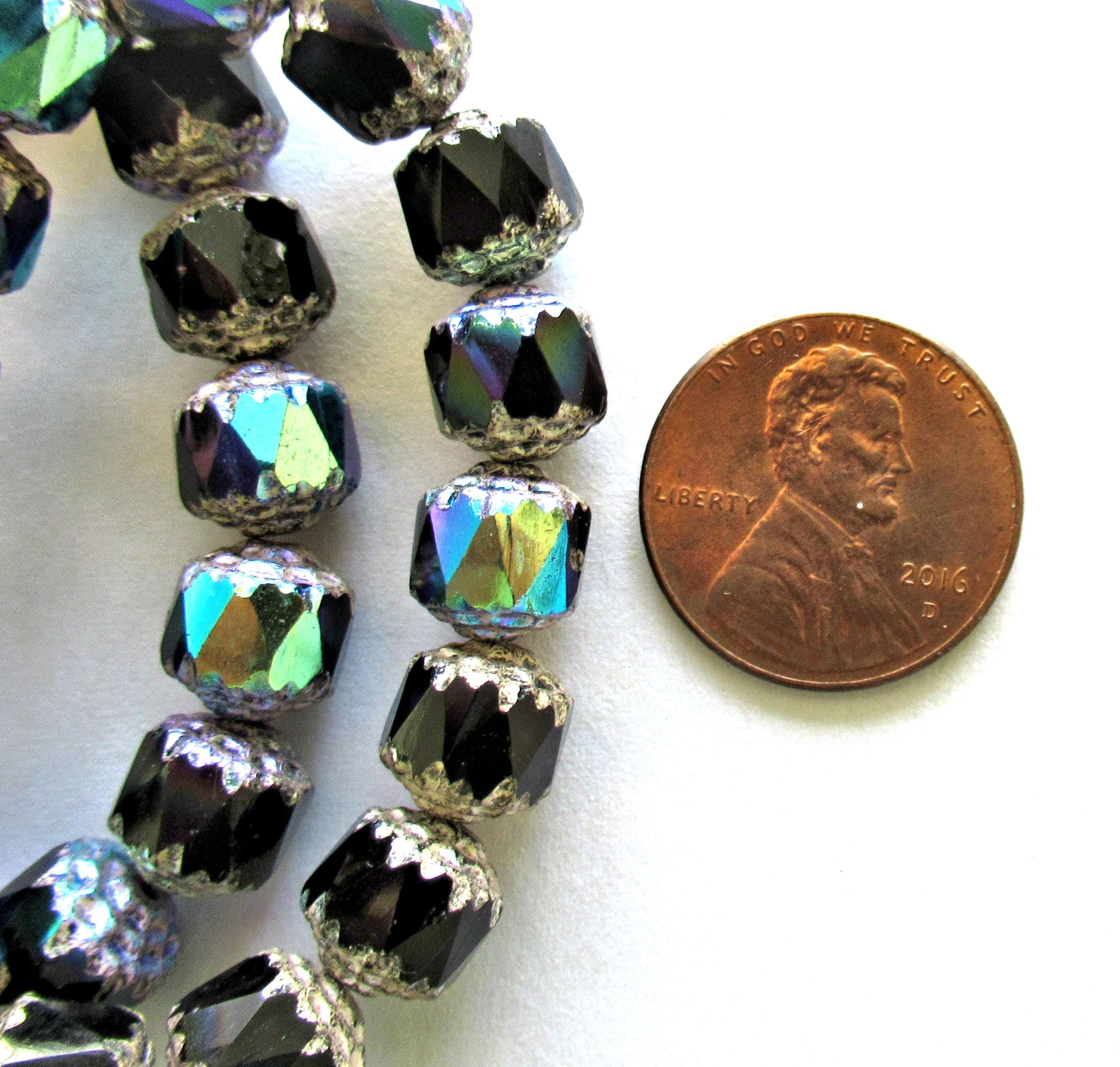 Fifteen 8mm Czech glass cathedral beads - jet black ab w/ silver picasso accents - faceted fire polished antique cut beads - C00361