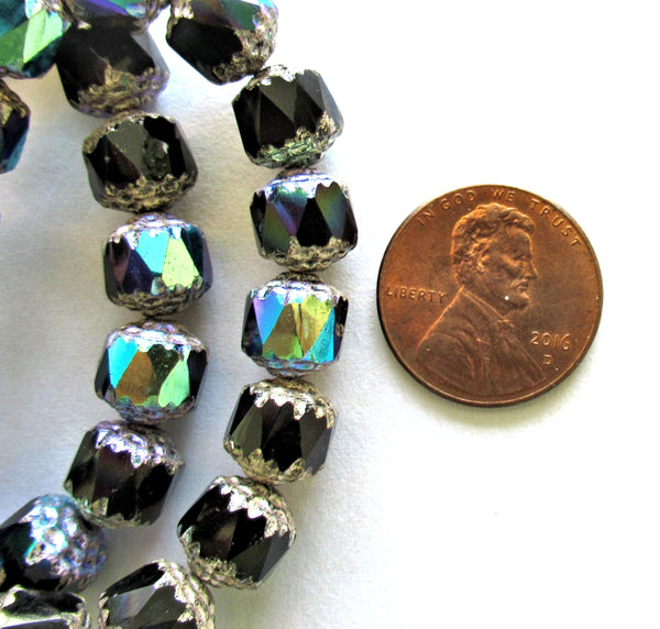 Fifteen 8mm Czech glass cathedral beads - jet black ab w/ silver picasso accents - faceted fire polished antique cut beads - C00361