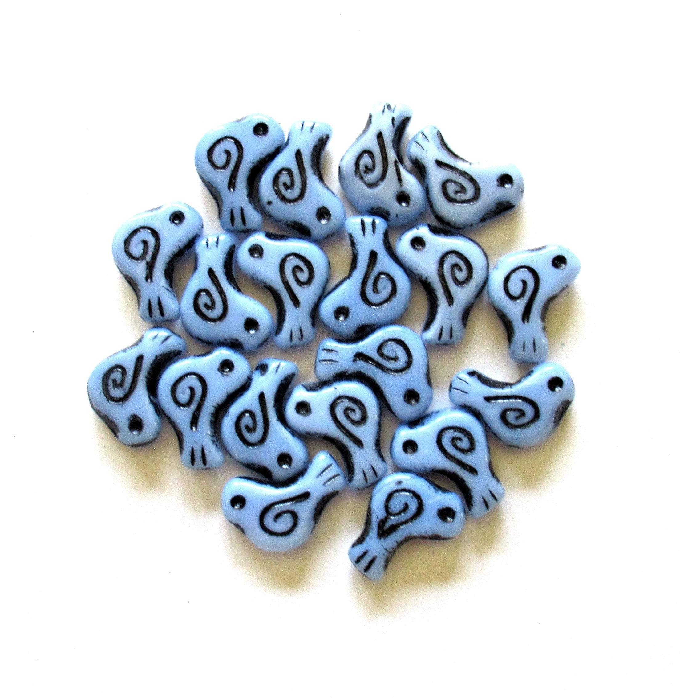 8 Czech glass bird beads - 12 x 16mm - opaque light blue with a black wash - C0621