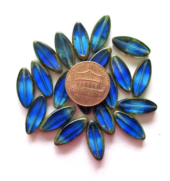 Ten 18 x 7mm Czech glass spindle beads - transparent marbled mix of sapphire and aqua blue picasso - table cut almond shaped beads C00191