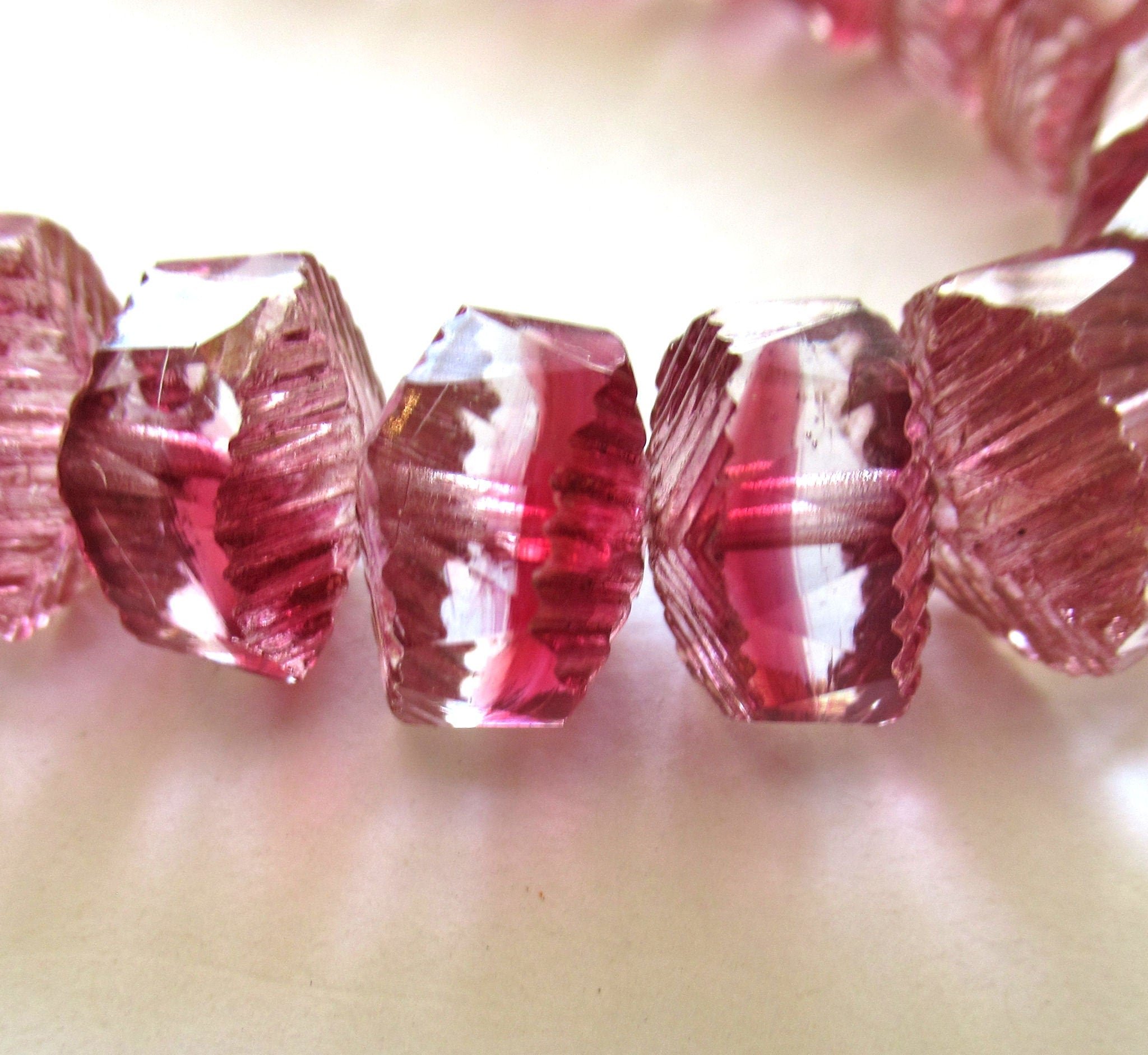 Lot of five Czech glass faceted wavy rondelle beads - large 14 x 6mm pink & crystal chunky rondelles - focal beads C00661