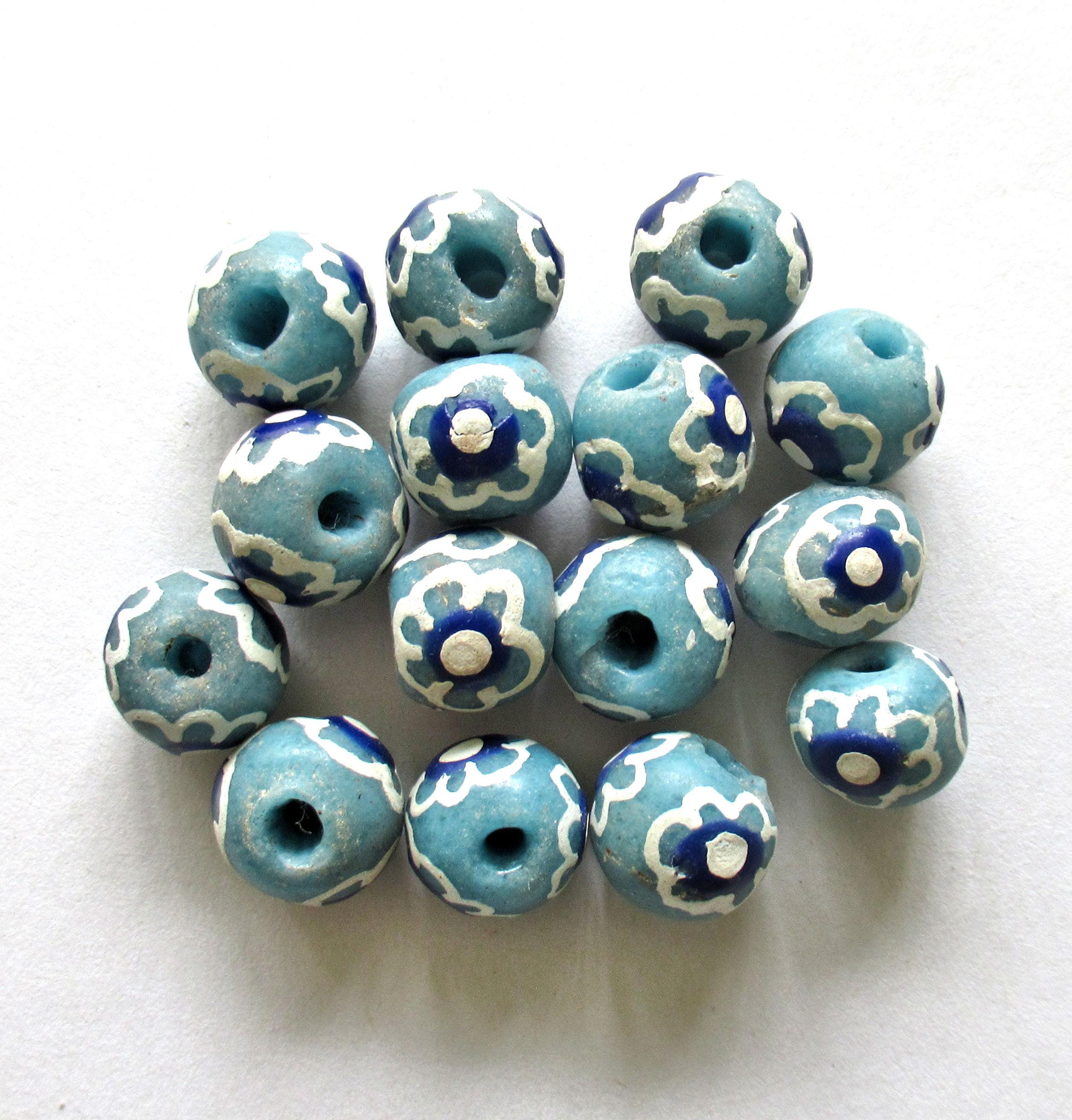 African Ghana Krobo glass donut or rondelle beads - blue & white flower beads - 11.5 to 12mm - big hole rustic beads - 8 beads - C00031