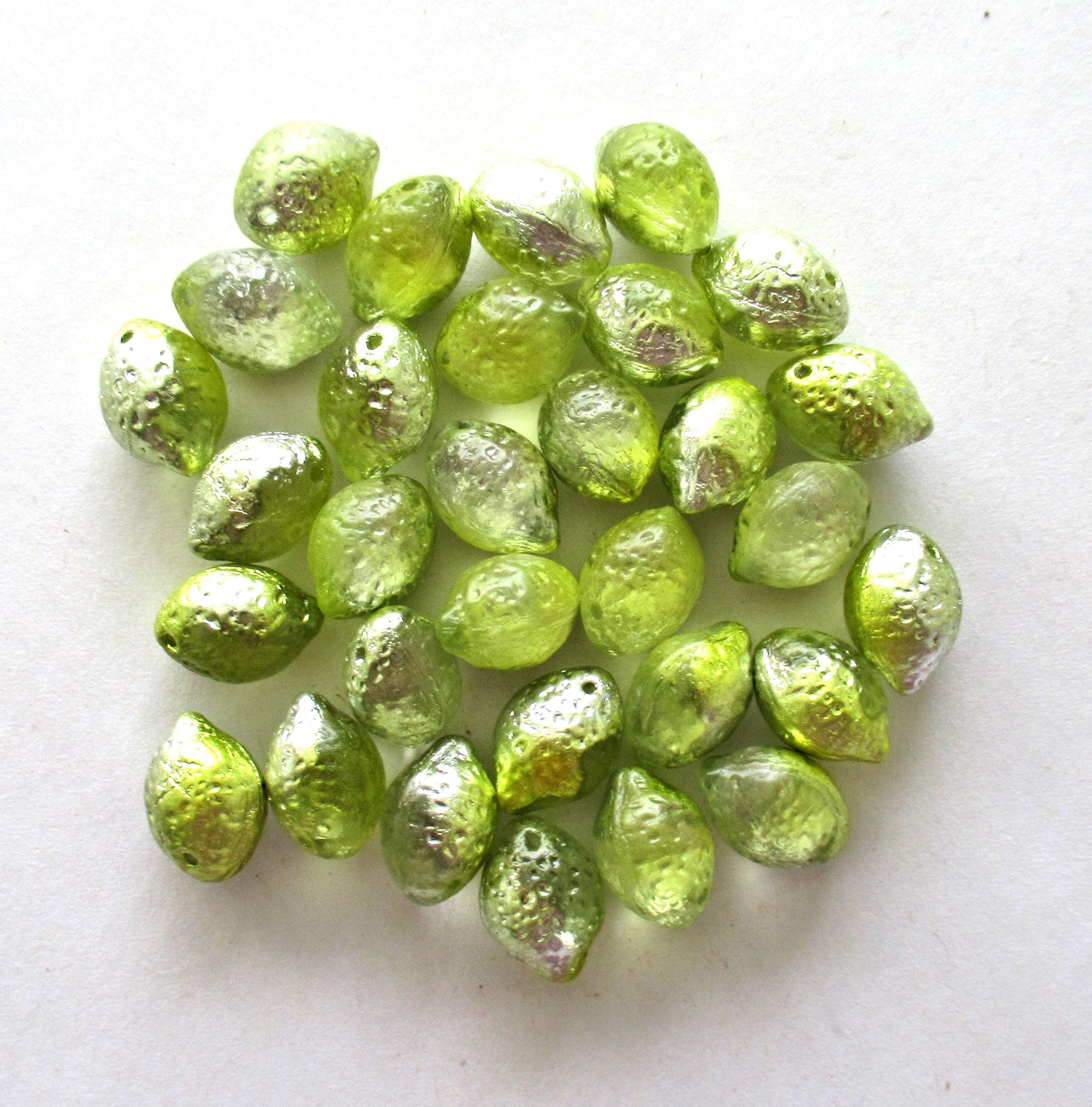 Lemon shaped drop beads - 14 x 10mm - yellow green & silver - side drilled - pressed Czech glass beads - 10 pieces - C00831