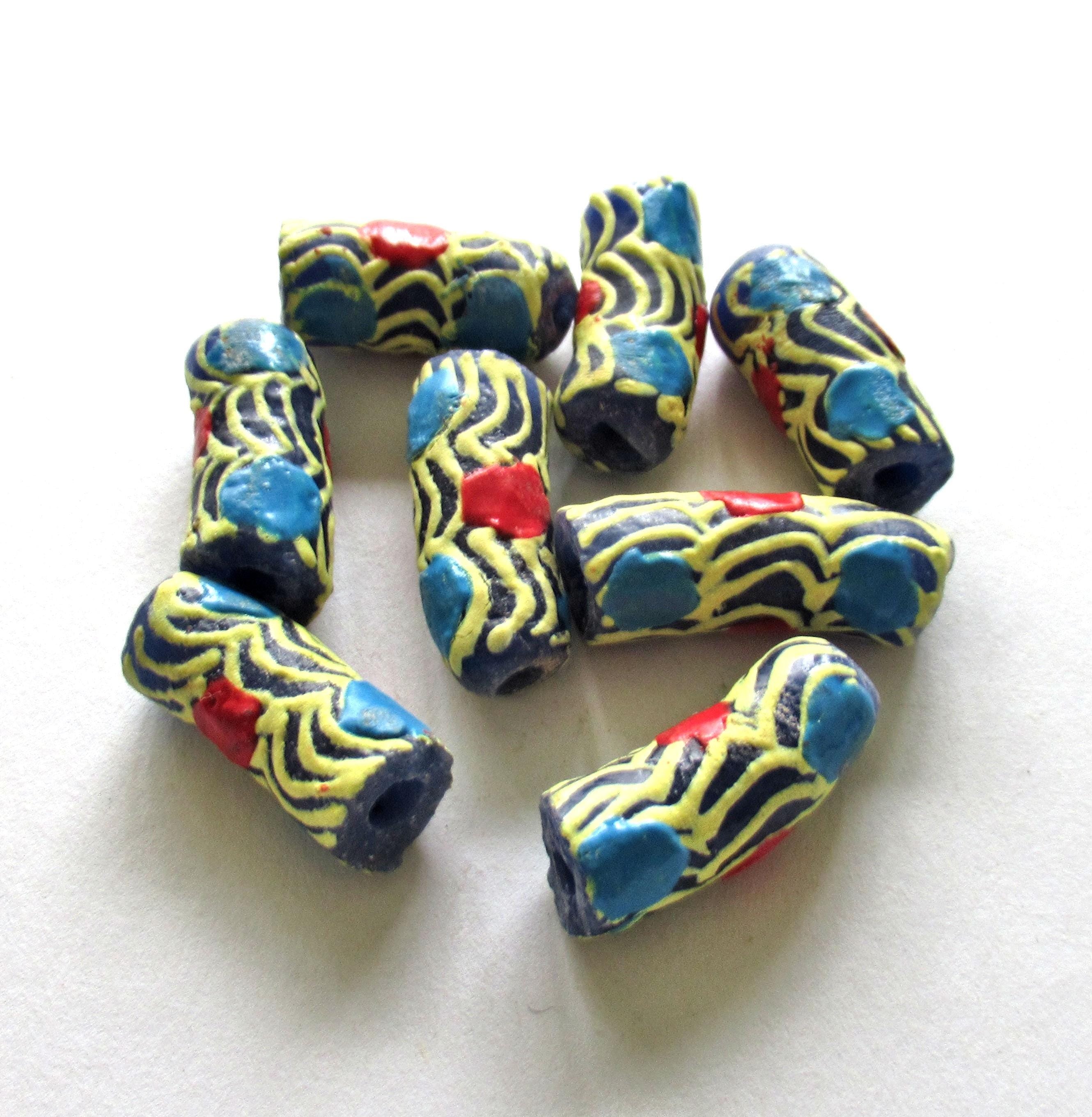5 African Ghana glass curved tube beads - blue beads w/ a blue red & yellow pattern- 27 - 23mm by 9 - 11mm - big hole beads - C00861