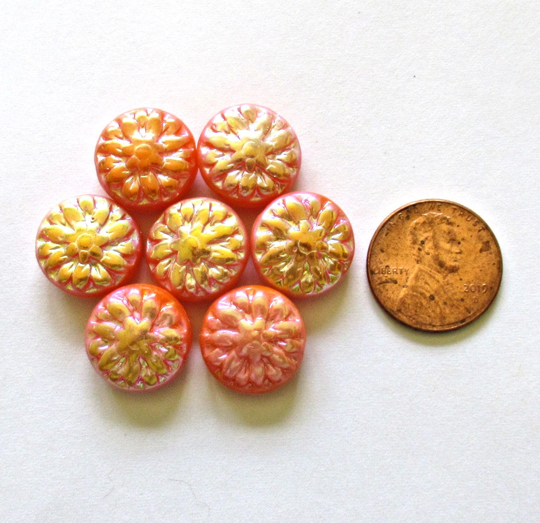 Six Czech glass Dahlia flower beads - 14mm - opaque orange w/ an AB finish on both sides - puffy coin or disc beads - C00131