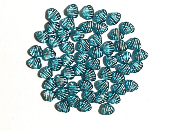 Twenty 8mm seashell, fan or clam beads - transparent aqua blue with silver accents - C0098