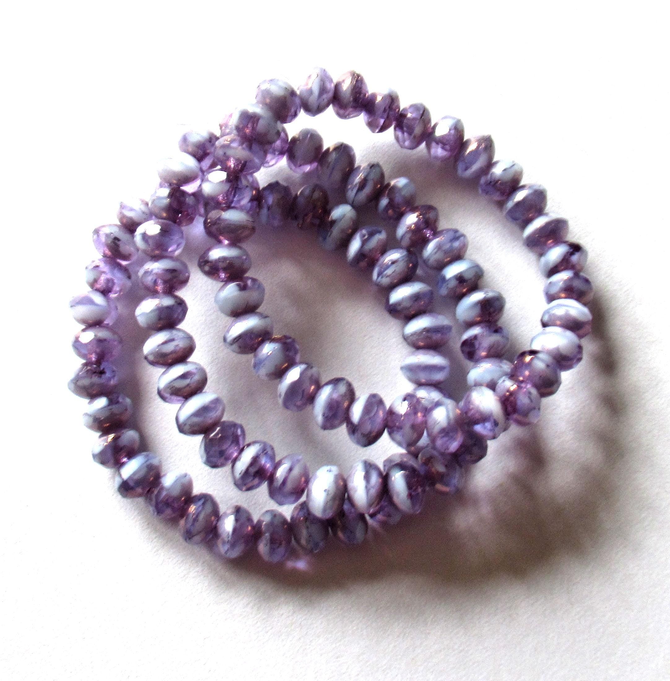 30 small Czech glass puffy rondelle beads - opaque & transparent lavender purple picasso - 3mm x 5mm - faceted rondelles - C00761