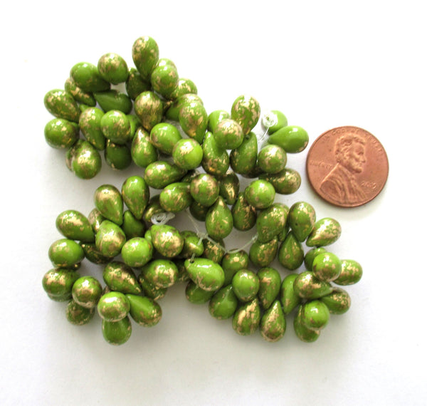 25 Czech glass drop beads - opaque avocado green beads with splotchy gold accents - smooth teardrop beads - 9 x 6mm - C00311
