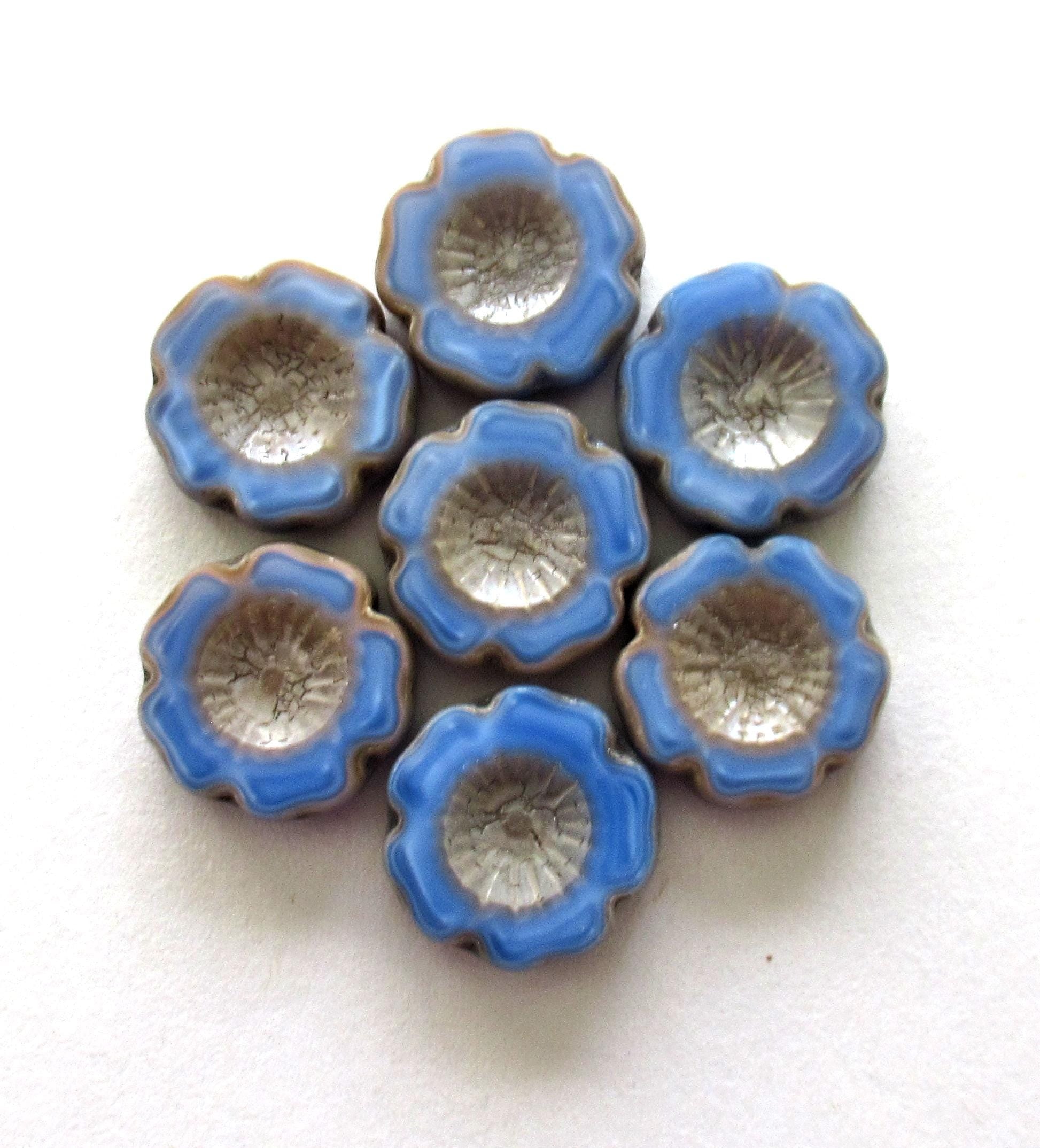 Six Czech glass flower beads - 14mm - marbled light blue w/ picasso accents - table cut carved - Hawaiian hibiscus flower beads C00021