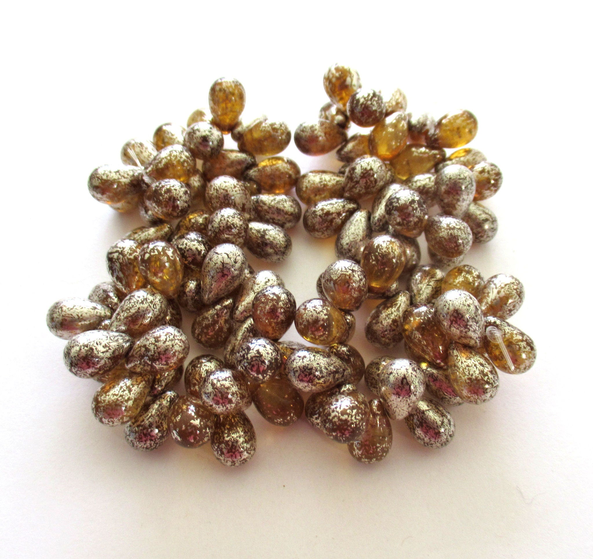 Lot of 25 Czech glass drop beads - transparent topaz with a splotchy antique silver finish - smooth teardrop beads - 9 x 6mm 0028
