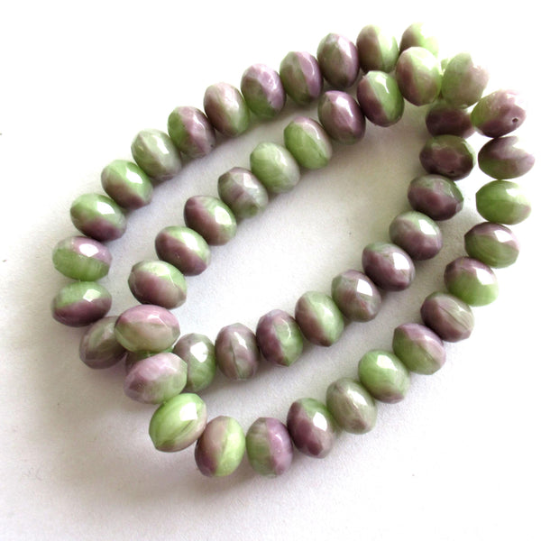 25 Czech glass puffy rondelles - marbled mix of opaque light purple & green - 6 x 9mm - faceted donut beads, C00662
