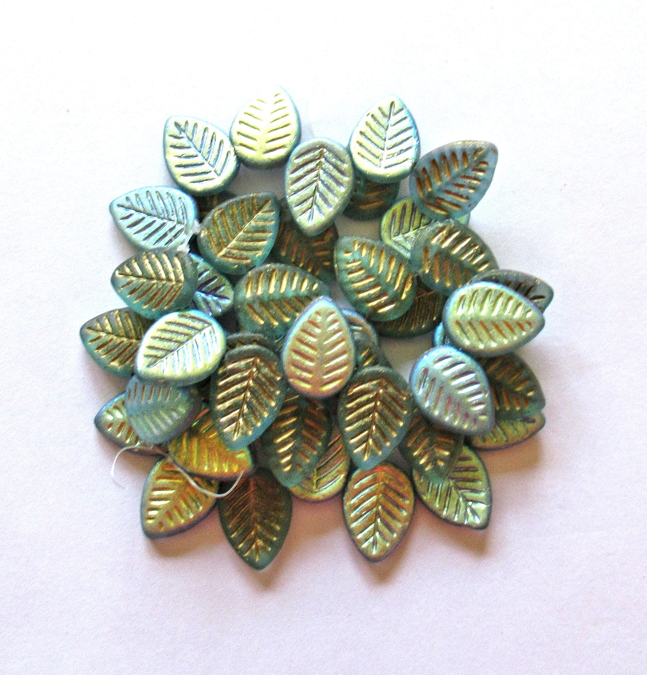 Ten large Czech glass leaf beads - side drilled - matte light teal blue green AB beads w/ a gold wash - 12 x 16mm - carved beads - C00612