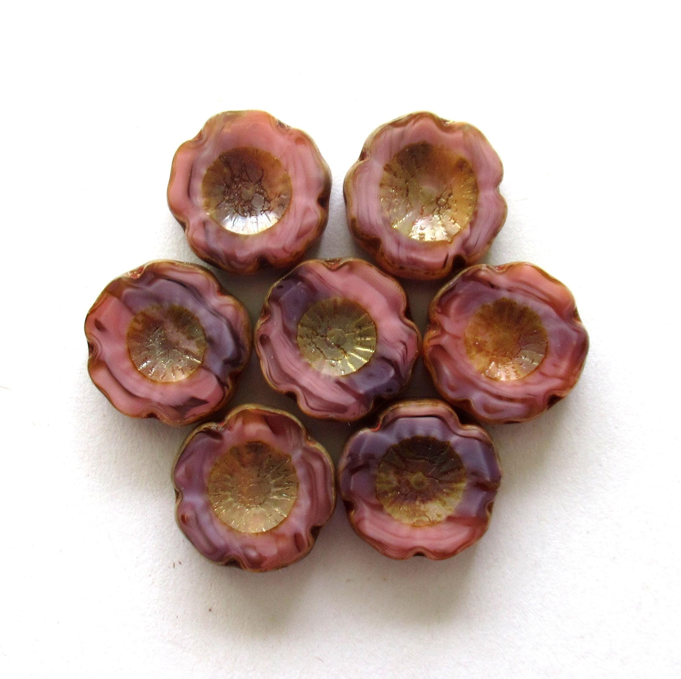 Six 14mm Czech glass flower beads - opaque marbled pink &, purple picasso - table cut - carved - Hawaiian hibiscus flower beads - C00661