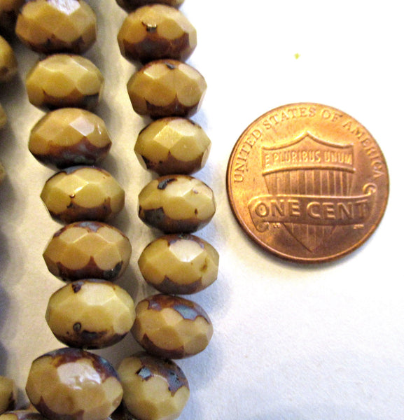 25 6 x 8mm Czech glass faceted puffy rondelles - opaque light brown or beige picasso rondelles 400362