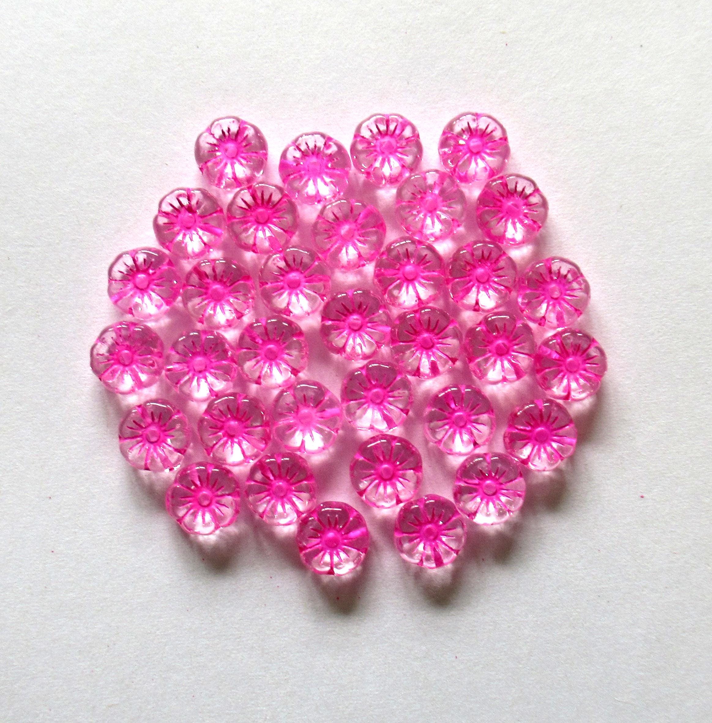 15 Czech glass flower beads - 8mm - crystal clear w/ a bright pink wash - Hawaiian hibiscus flowers - C00701