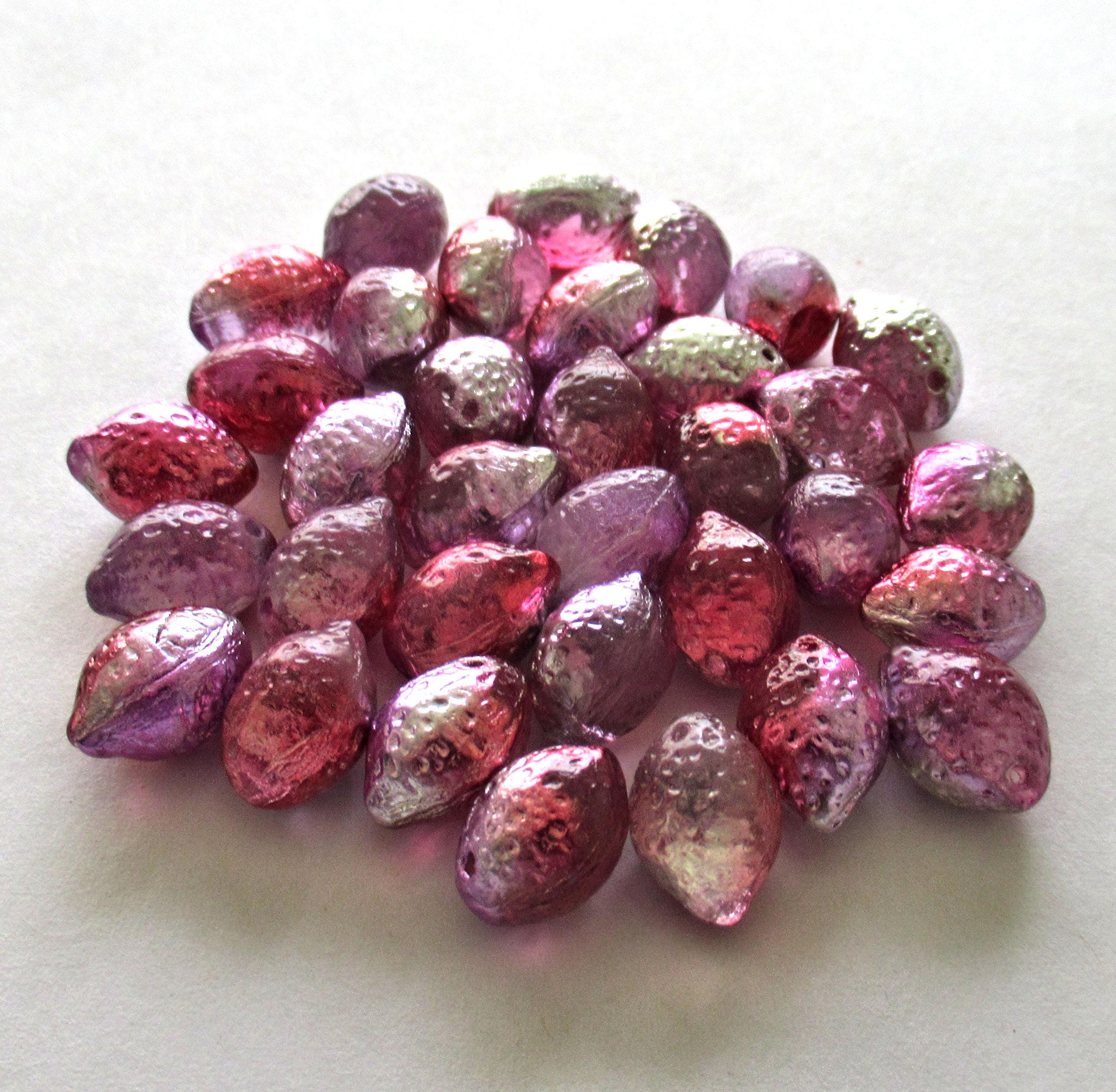 Lemon shaped drop beads - 14 x 10mm - pink lilac & silver - side drilled - pressed Czech glass beads - 10 pieces - C00831