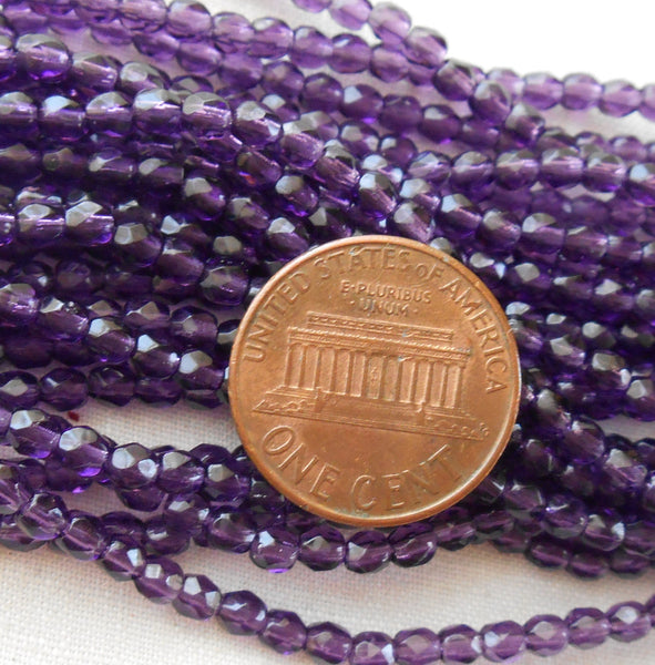 50 3mm Tanzanite Czech glass beads, purple, amethyst, firepolished, faceted round beads, C1450