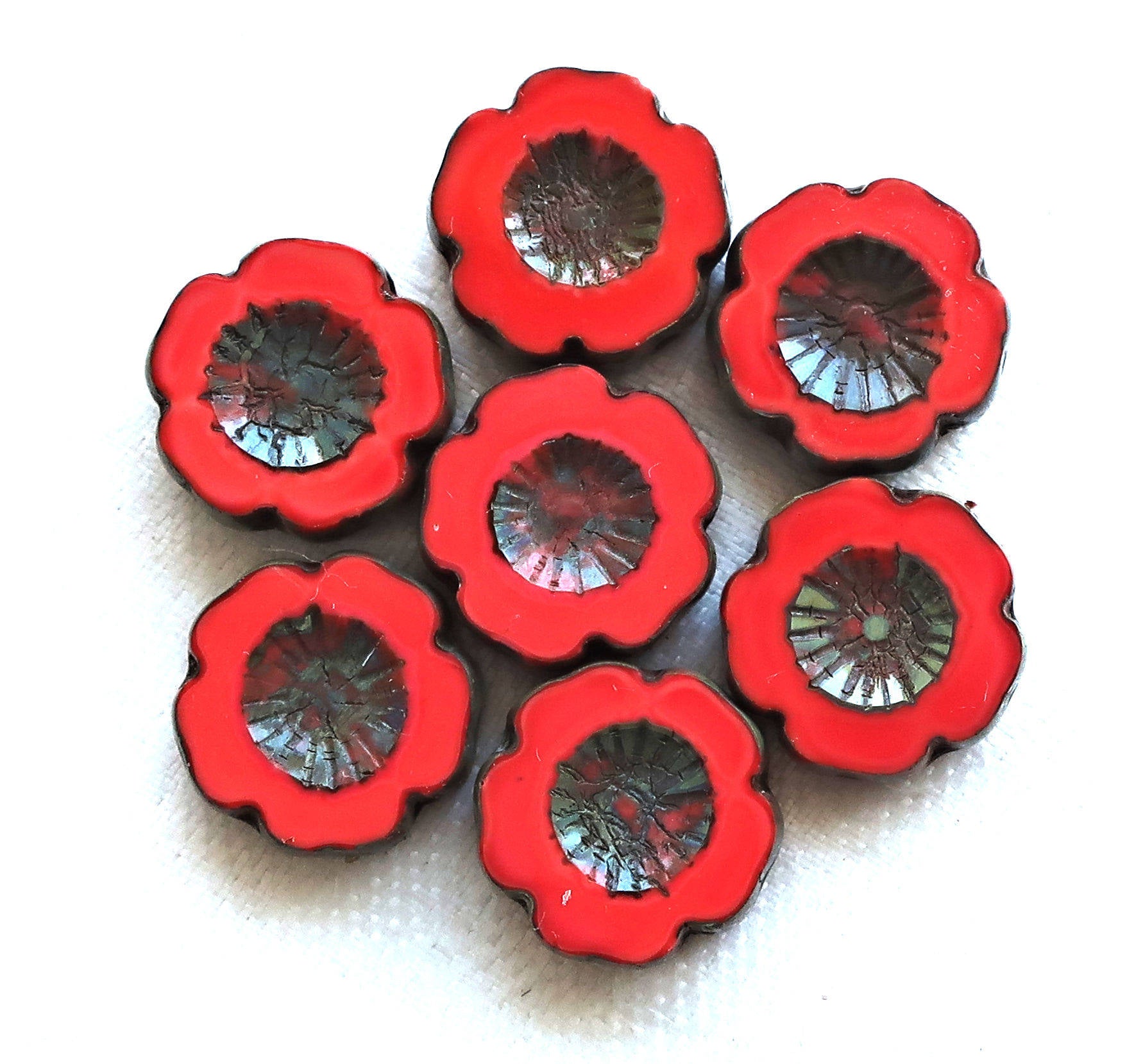 Five 5 Czech glass flower beads. 14mm table cut, carved, opaque bright coral red picasso Czech glass Hawaiian flower beads C00105 - Glorious Glass Beads