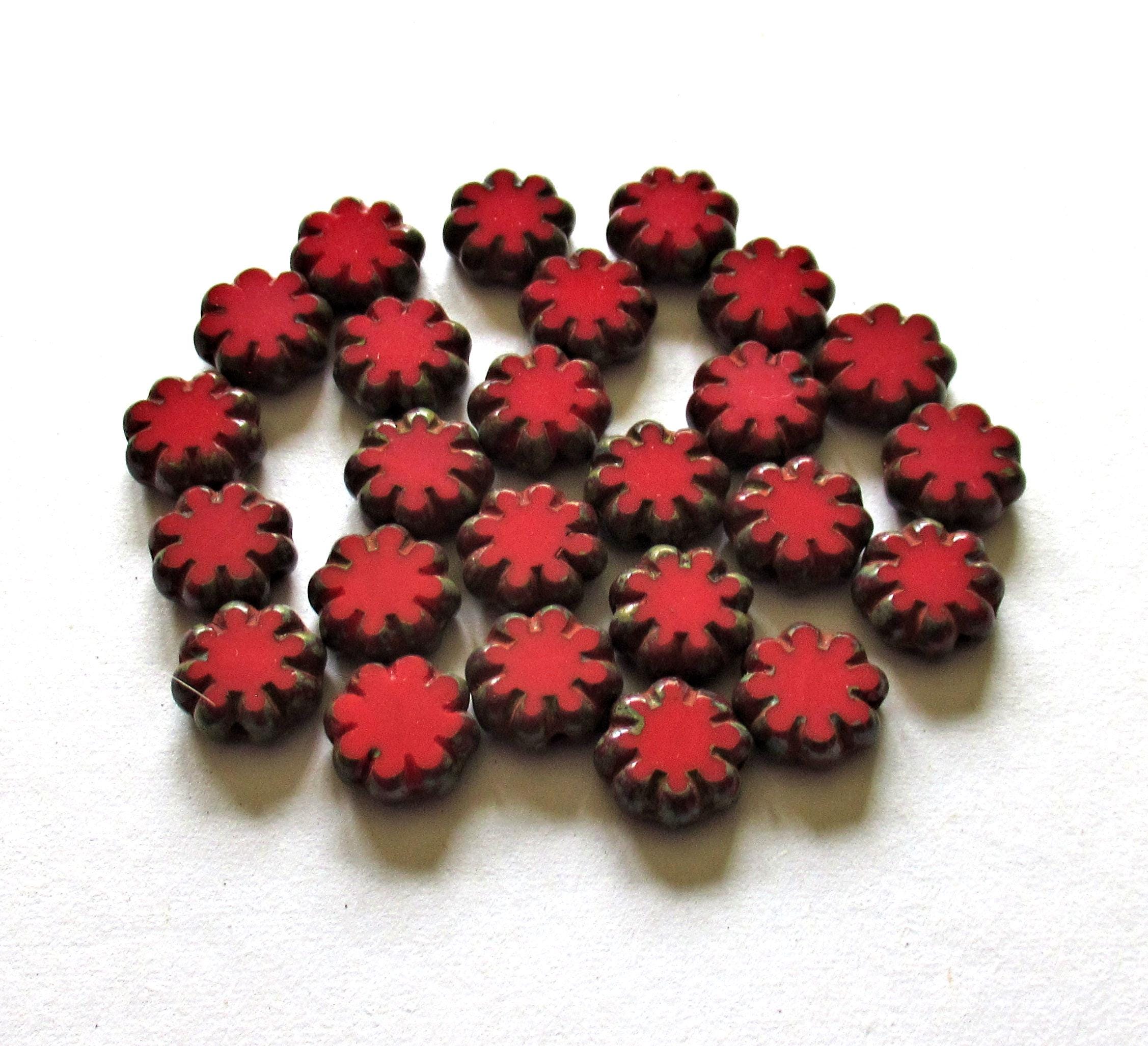 15 Czech glass cactus flower beads - opaque red picasso beads - 9mm - table cut - C00612