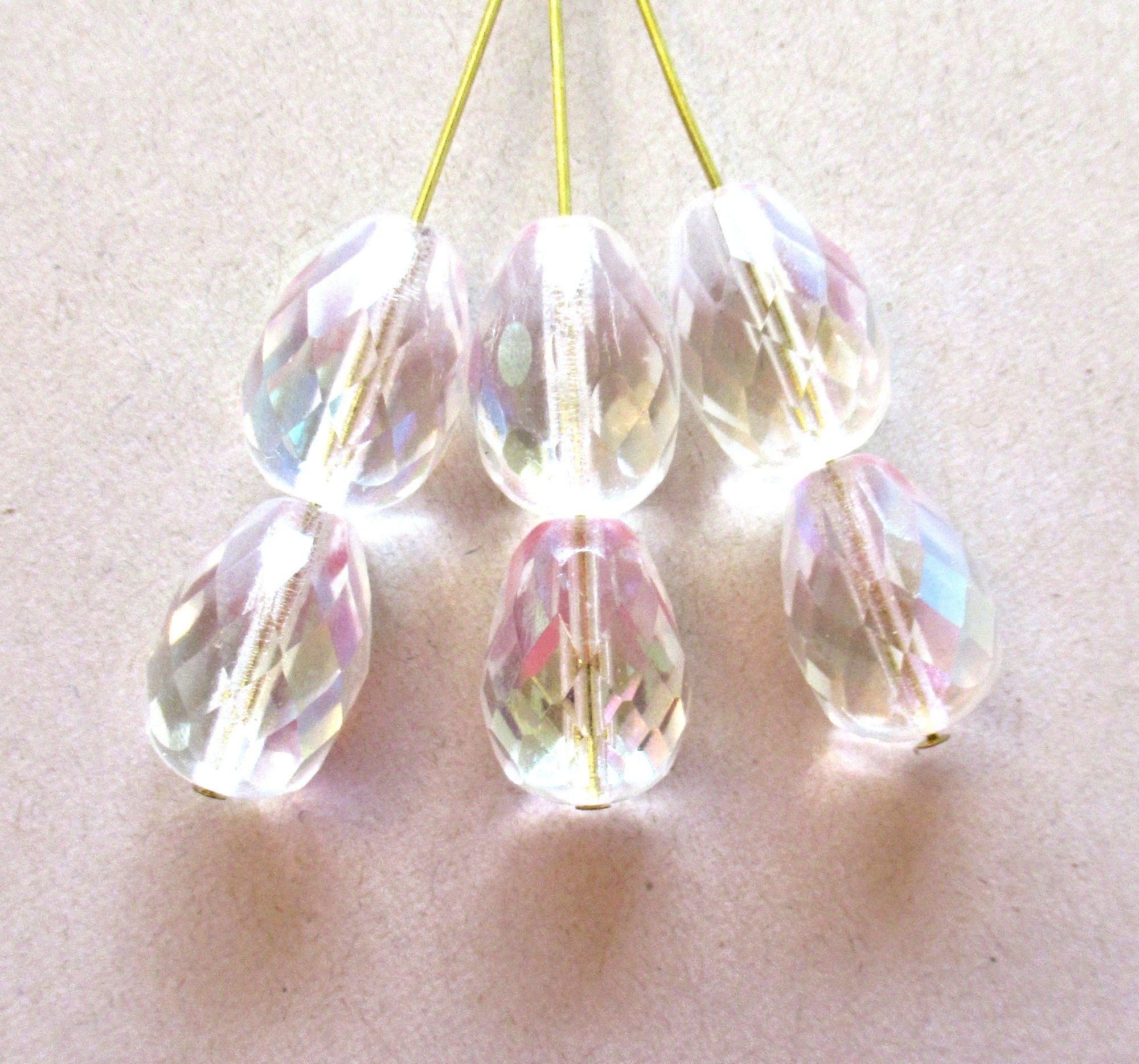 Six large Czech glass teardrop beads - Crystal AB - 16 x 12mm faceted fire polished drop beads C00602