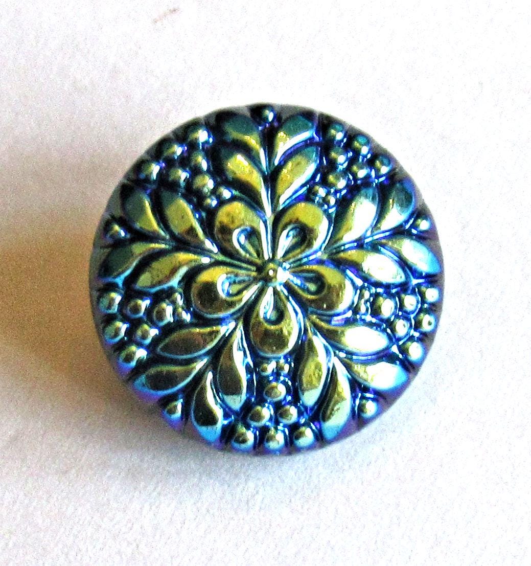 One 18mm ornate Czech glass button - black with an AB finish - decorative shank button - 00051