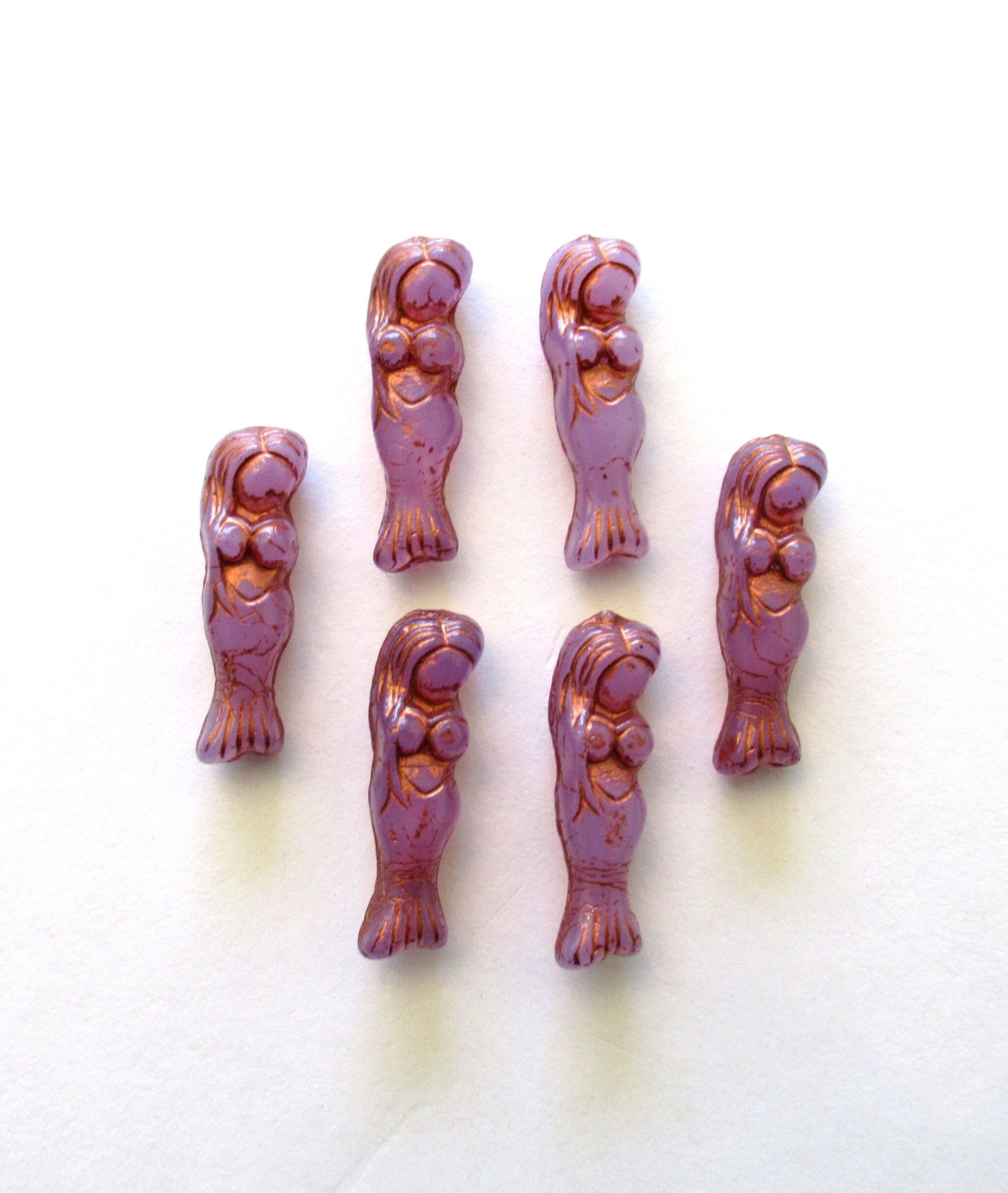 6 Czech glass mermaid or goddess beads - 25 x 5mm translucent lavender beads with a copper wash - C00442