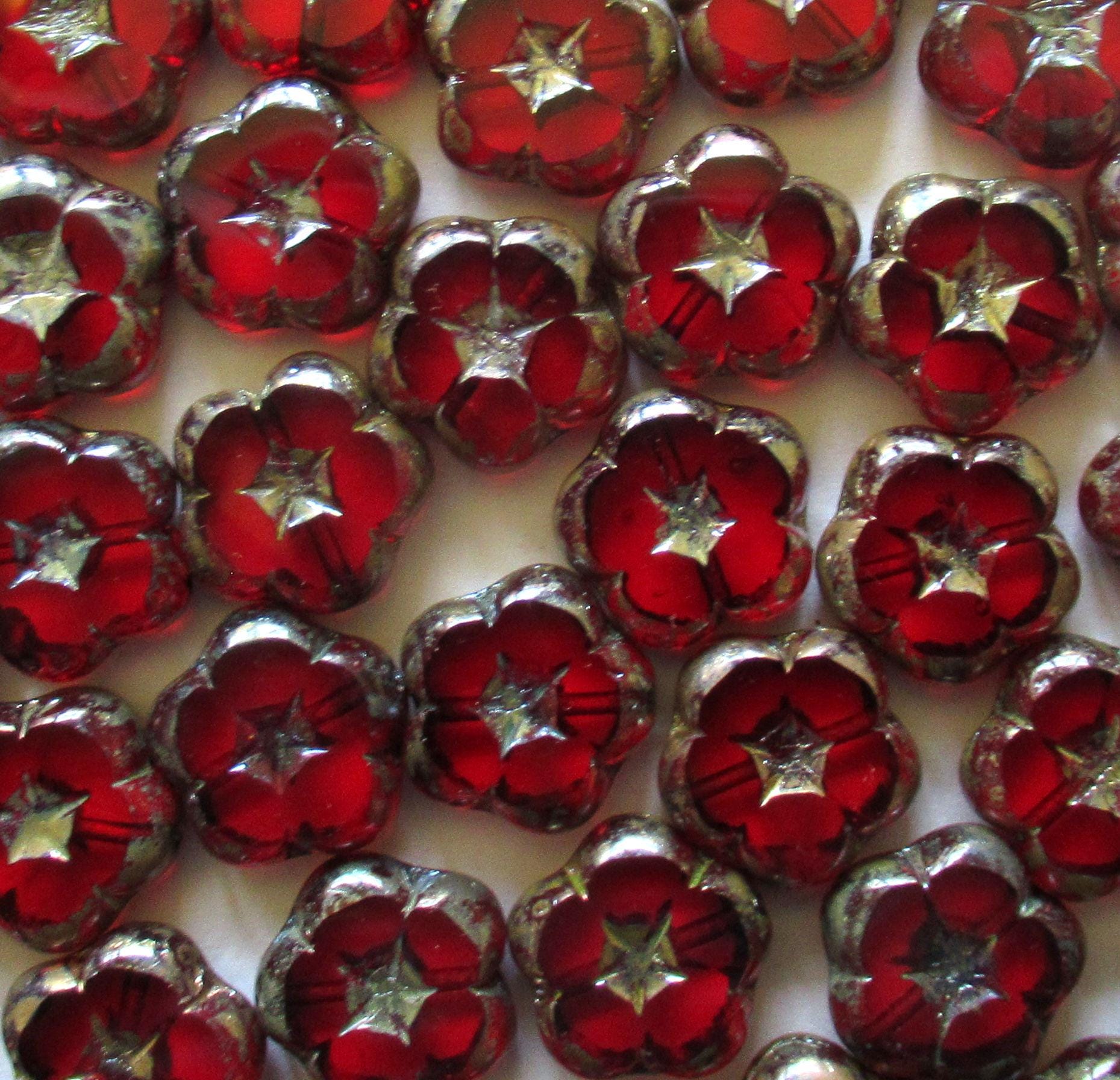 Six Czech glass flower beads - 14mm -transparent garnet ruby red picasso - table cut & carved floral beads - C00541