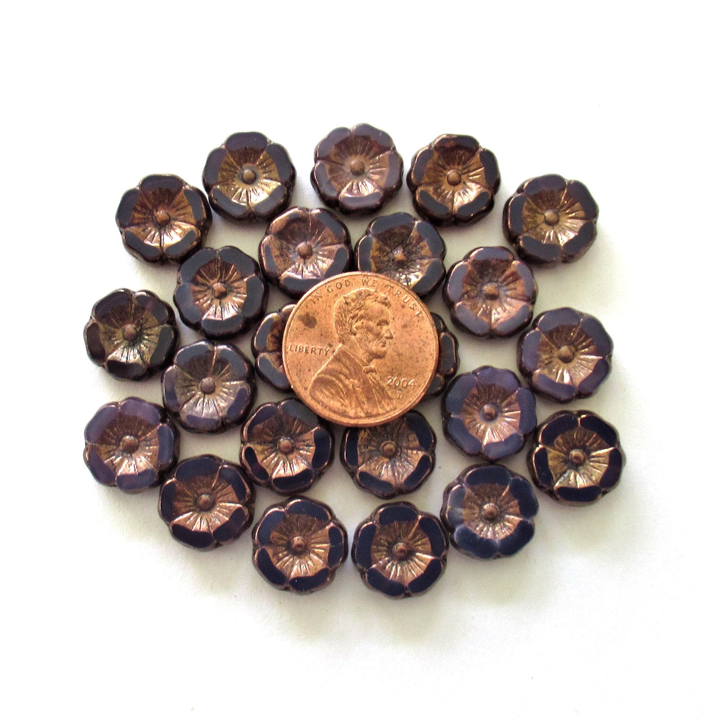 Czech glass flower beads - 12mm - purple opaline w/ a bronze wash - Hawaiian hibiscus - table cut carved - 8 pieces - 00002