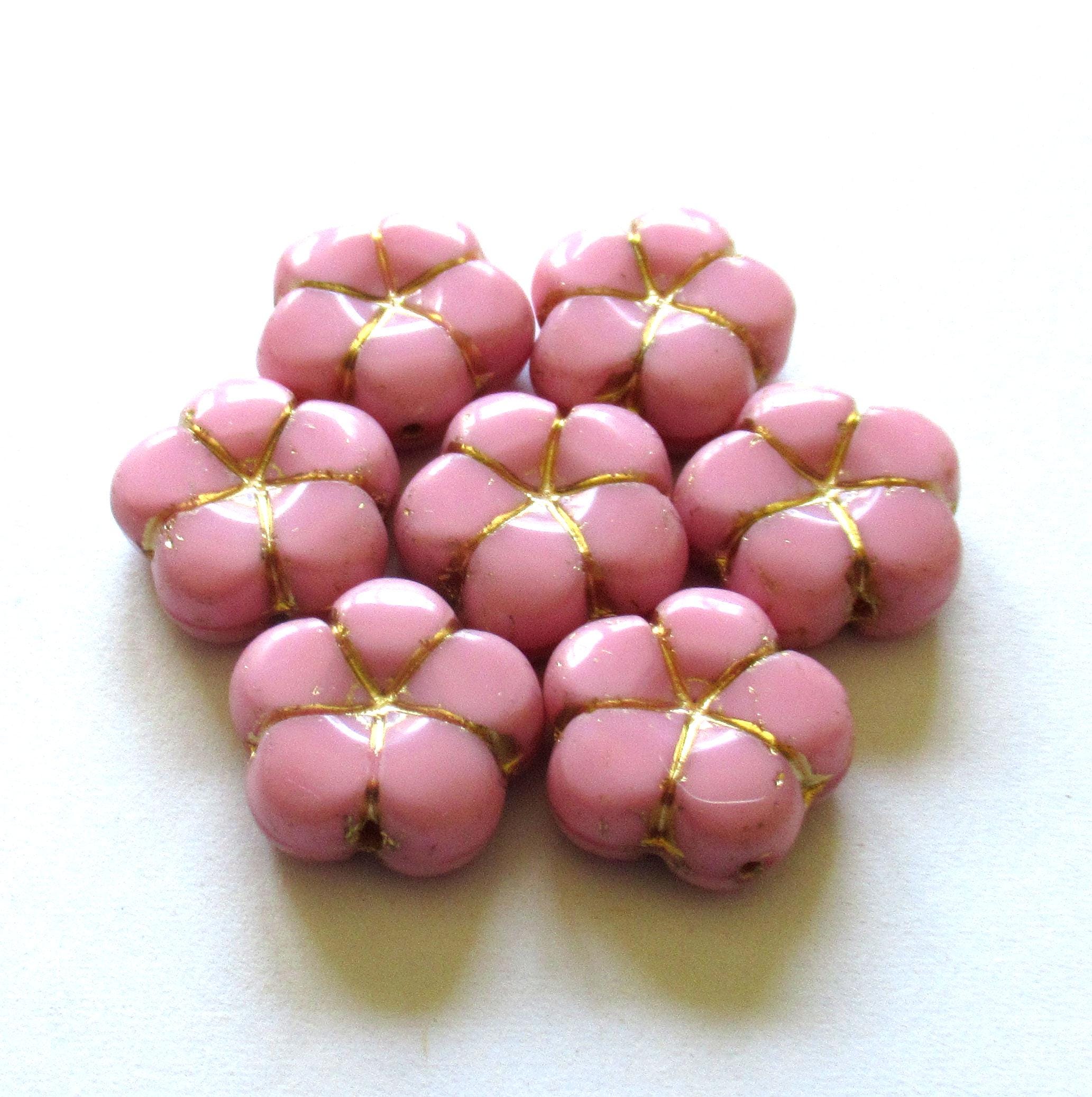 Five large Czech glass flower beads - 16mm - opaque pink with gold accents - C00161