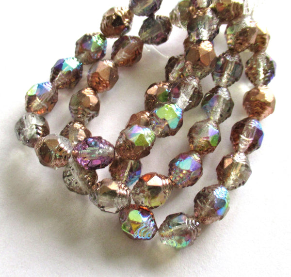 15 Czech glass mini antique style faceted oval beads - 8 x 6mm crystal clear beads with copper and rainbow ab finishes - C00071