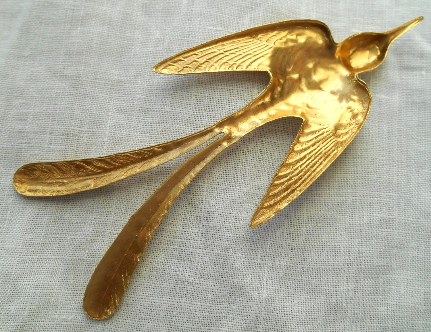 1 large raw brass stamping, art nouveau, elongated flying bird, pendant, charm, ornament, connector 3.5" x 1.37" USA msde C1901 - Glorious Glass Beads