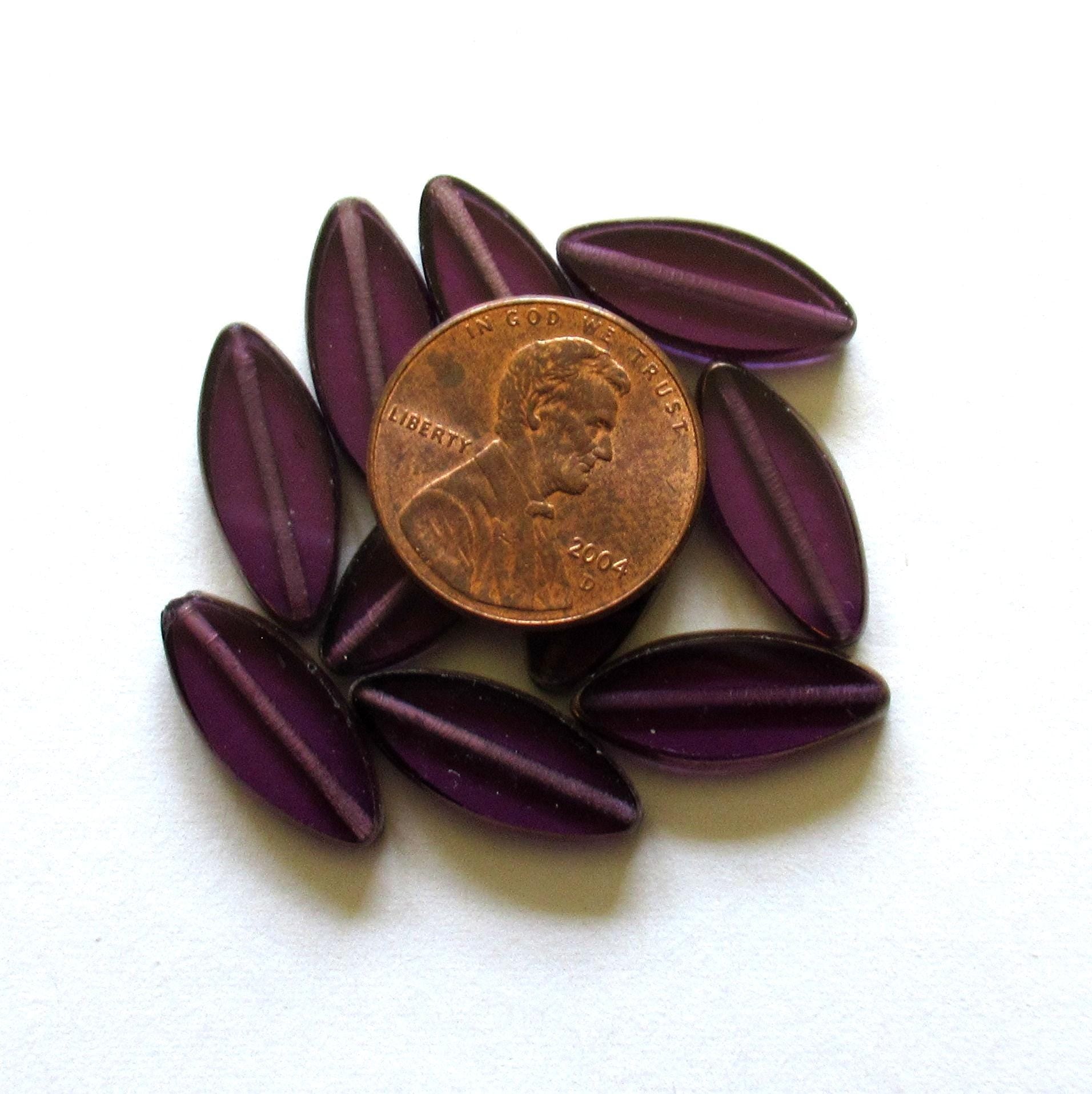 Ten Czech glass spindle beads - 18mm x 7mm - amethyst or purple with bronze accents - table cut beads C00072